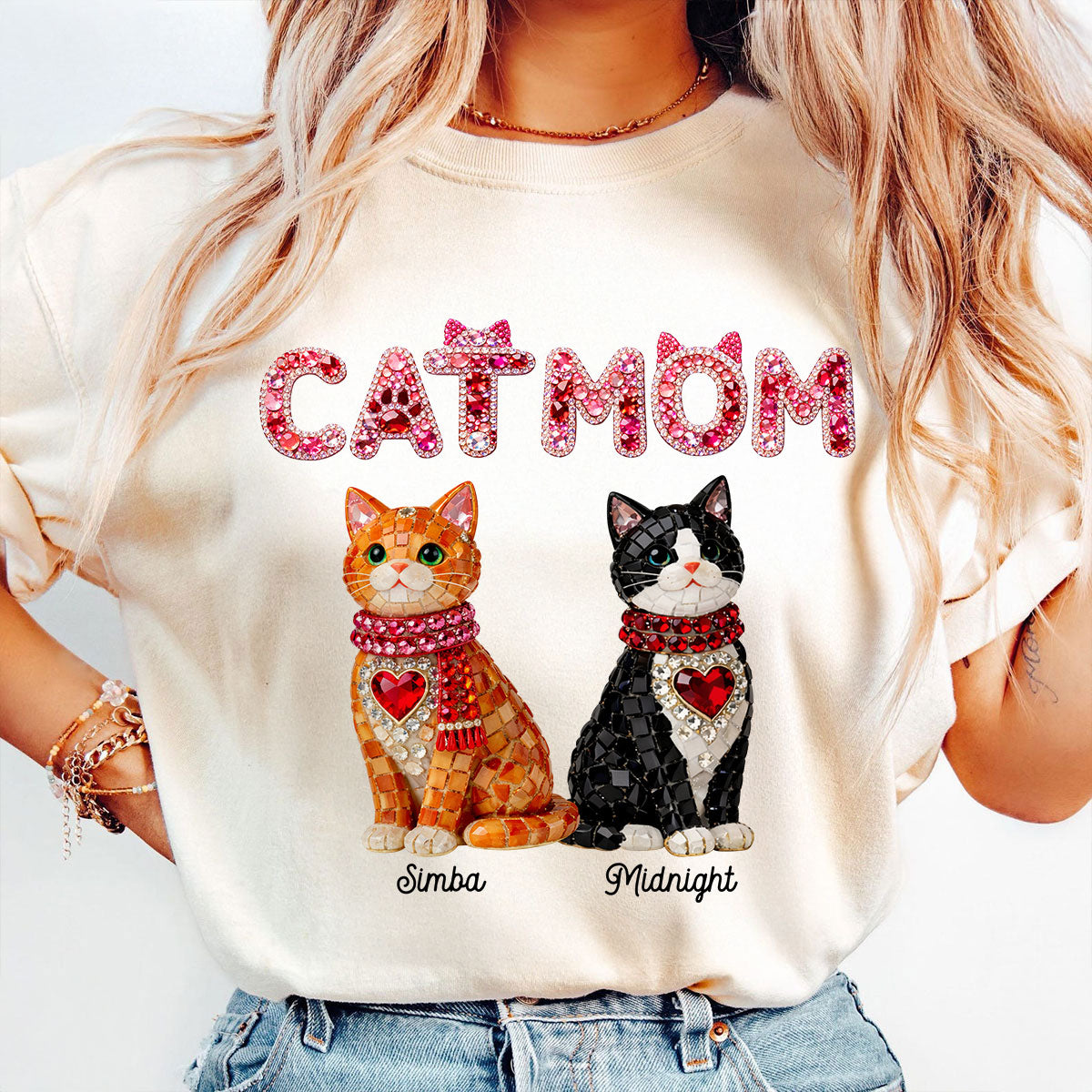 Cat Mom Shiny Pattern - Personalized Shirt - Unique Valentine's Day Gift for Cat Moms — Sand