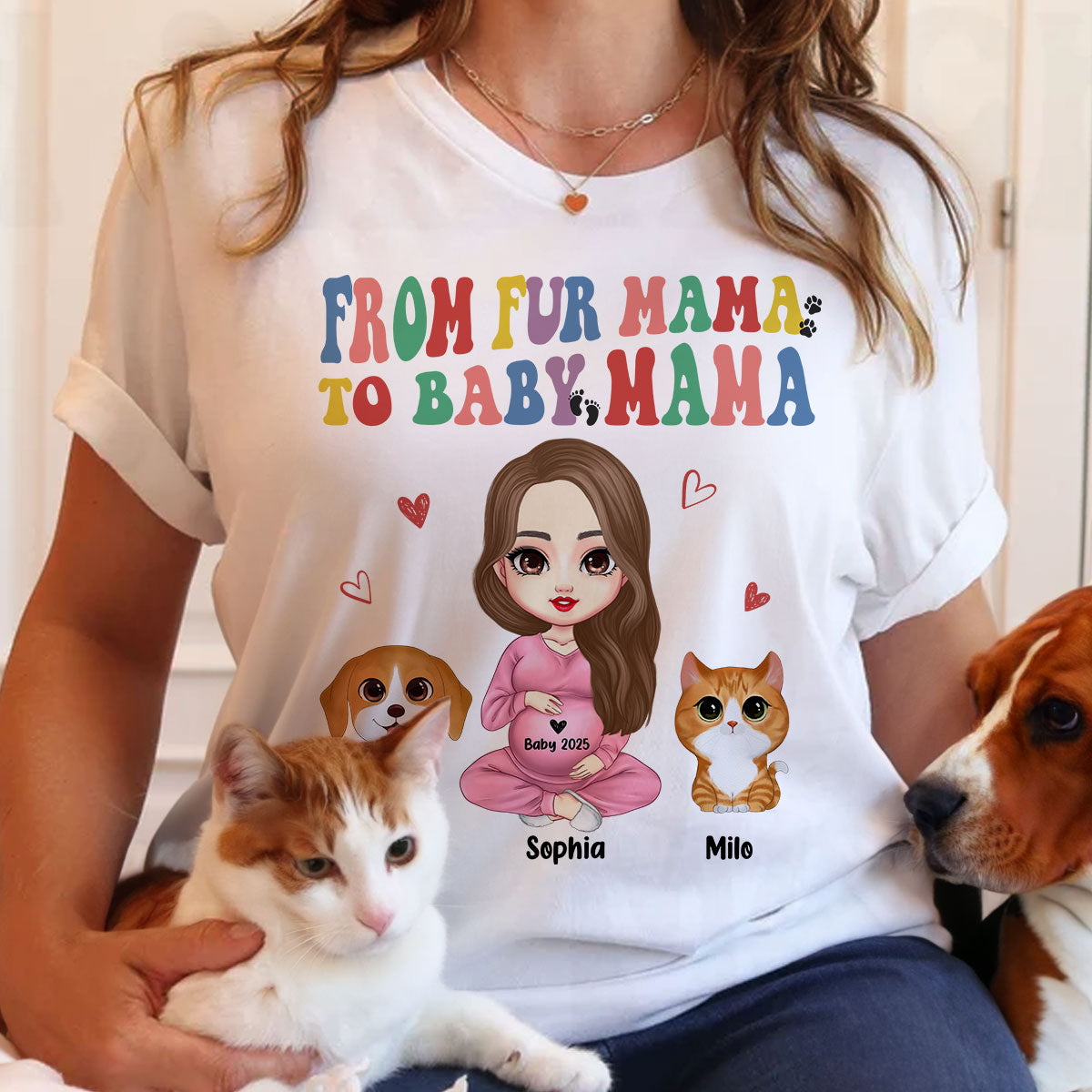 From Fur Mama To Baby Mama Personalized Shirt, Dog Mom Cat Mom, Custom Pregnancy Reveal Shirt, Gift For Expecting Moms — White
