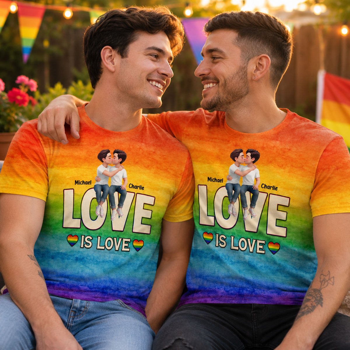 LGBT+ Drapeau Aquarelle Couple Love Is Love - T-shirt Personnalisé - T-shirts Assortis Pour Couple, Joyeux Mois de la Fierté — Bleu Clair