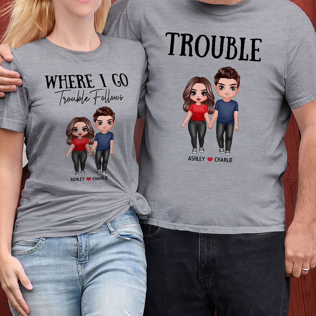Trouble Couple Valentine's Day Gift For Him For Her Personalized Matching Shirts [Set Of 2 Shirts] — Sport Grey