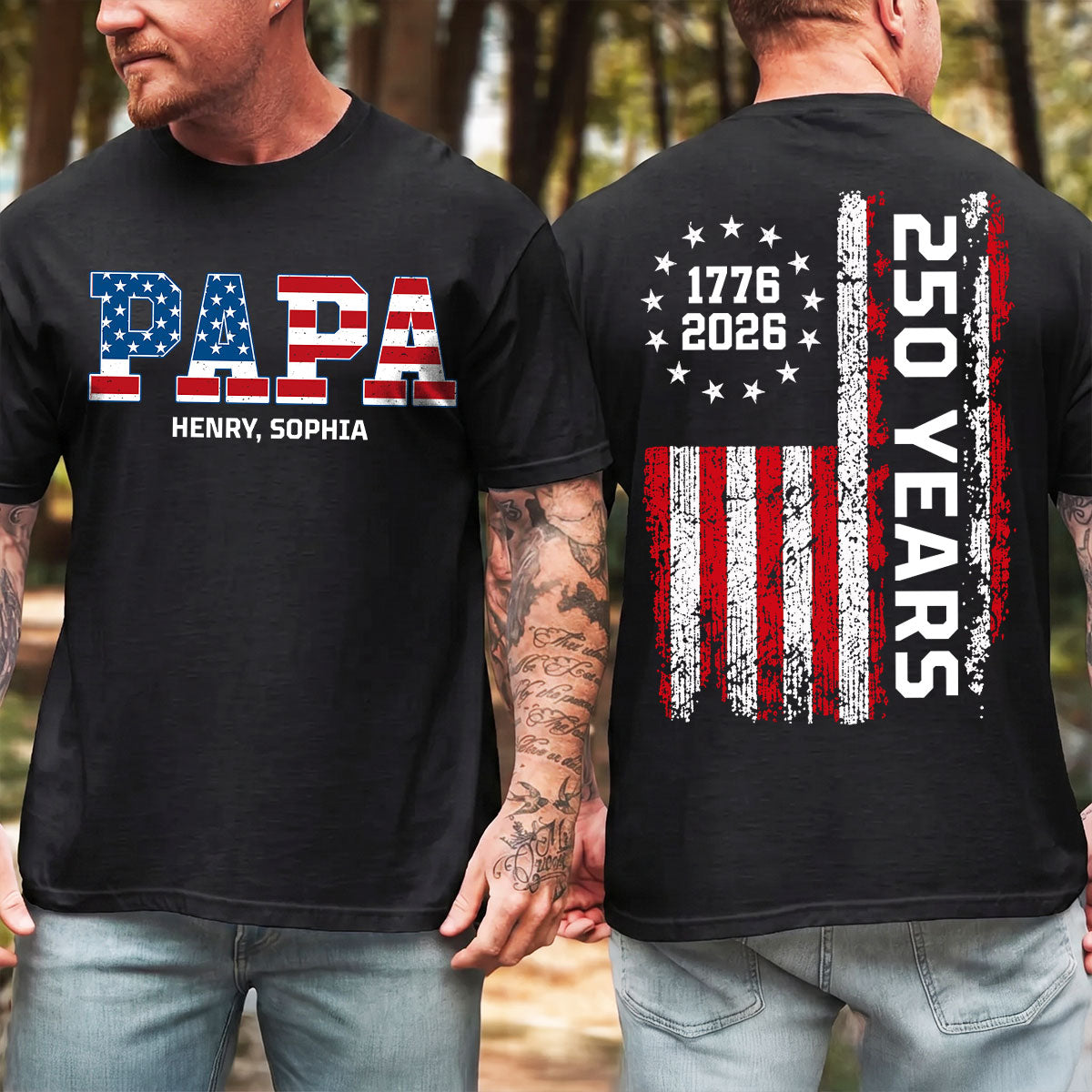 Proud Dad Grandpa Nation Flag We The People American 250th Anniversary - Personalized Double-Slided Shirt - Father's Day Gift For Patriotic Dad, Grandpa — Black