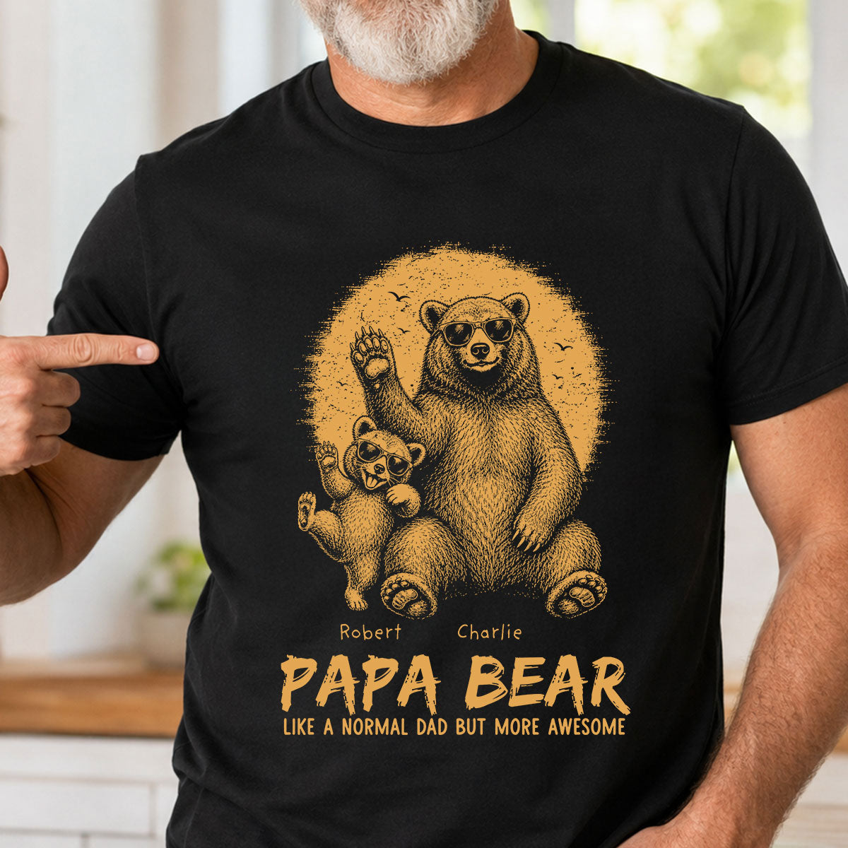 Retro Yellow Vintage Papa Bear Like Normal Dad More Awesome - Personalized Shirt - Funny Father's Day Gift For Dad, Grandpa, Husband — Black