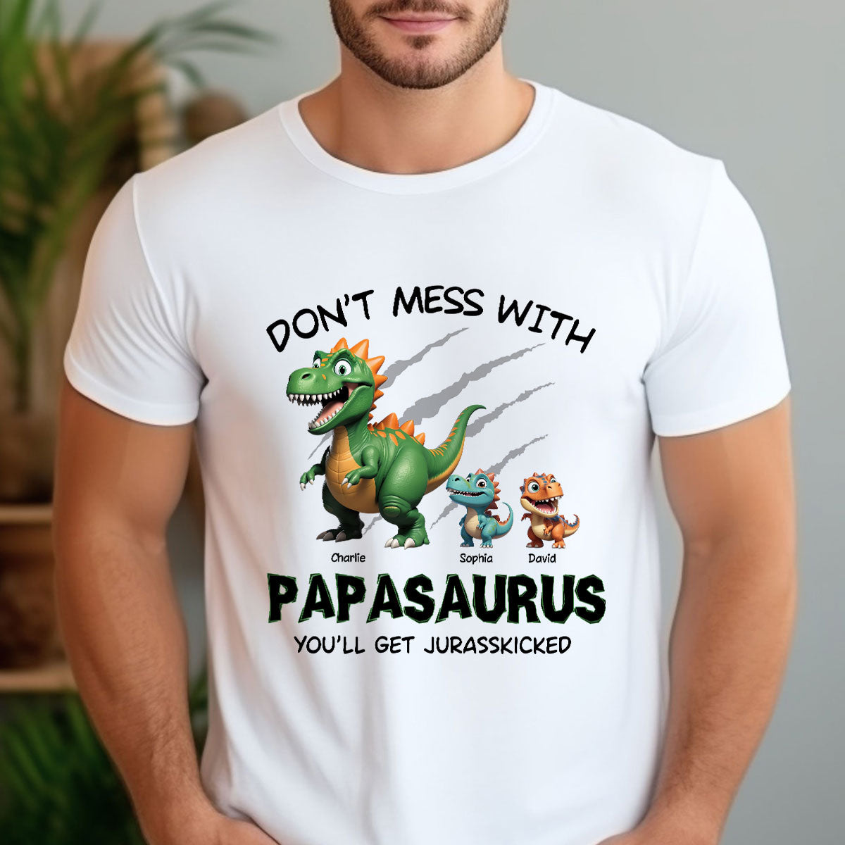 Don't Mess With Papasaurus 3D Effect Dinosaurs Personalized Shirt, Father's Day Gift For Grandpa, Dad — White