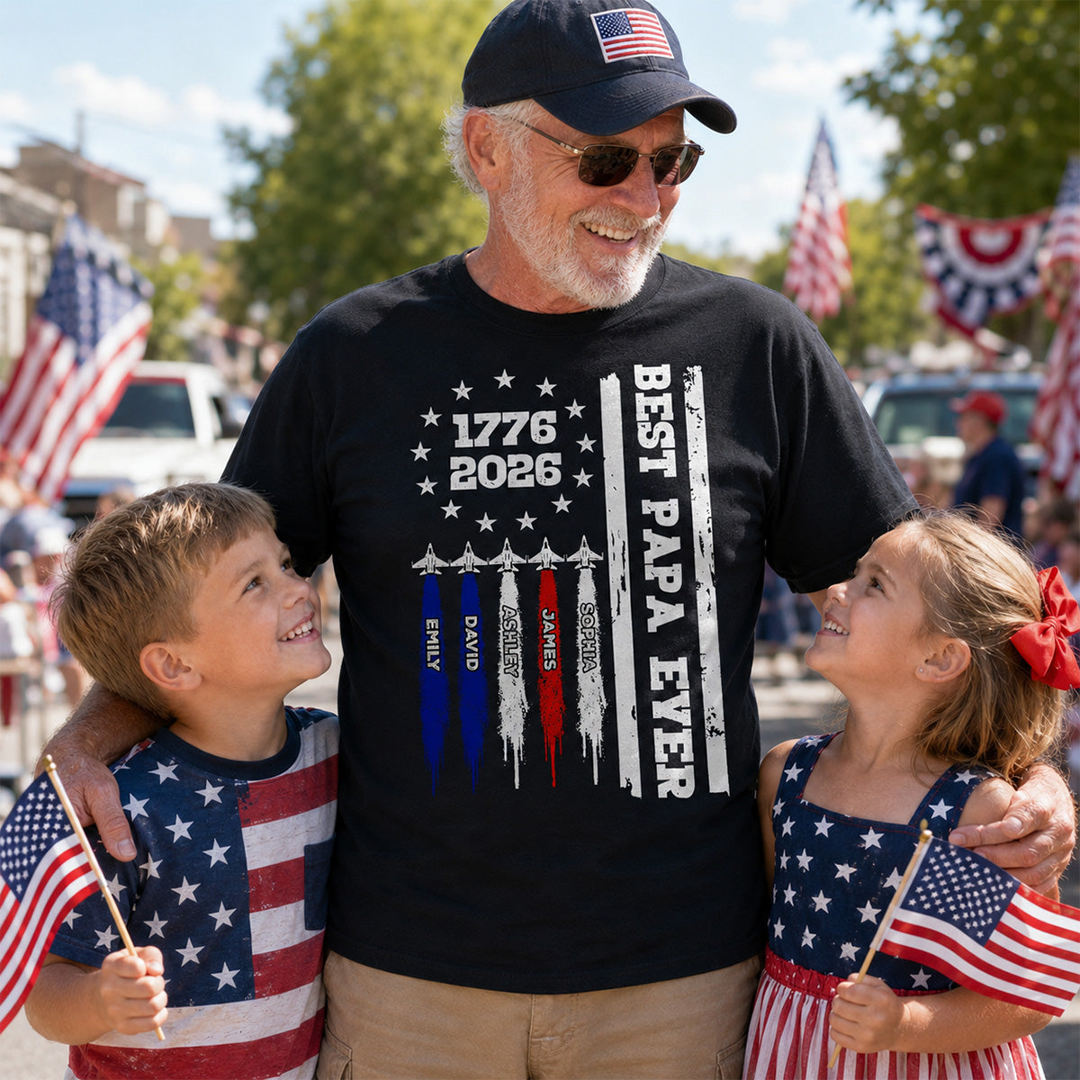 Best Dad Grandpa Ever Jets Smoke Custom Kid Name - Personalized Shirt - American 250th Anniversary Keepsake For Husband, Dad, Grandpa — Black