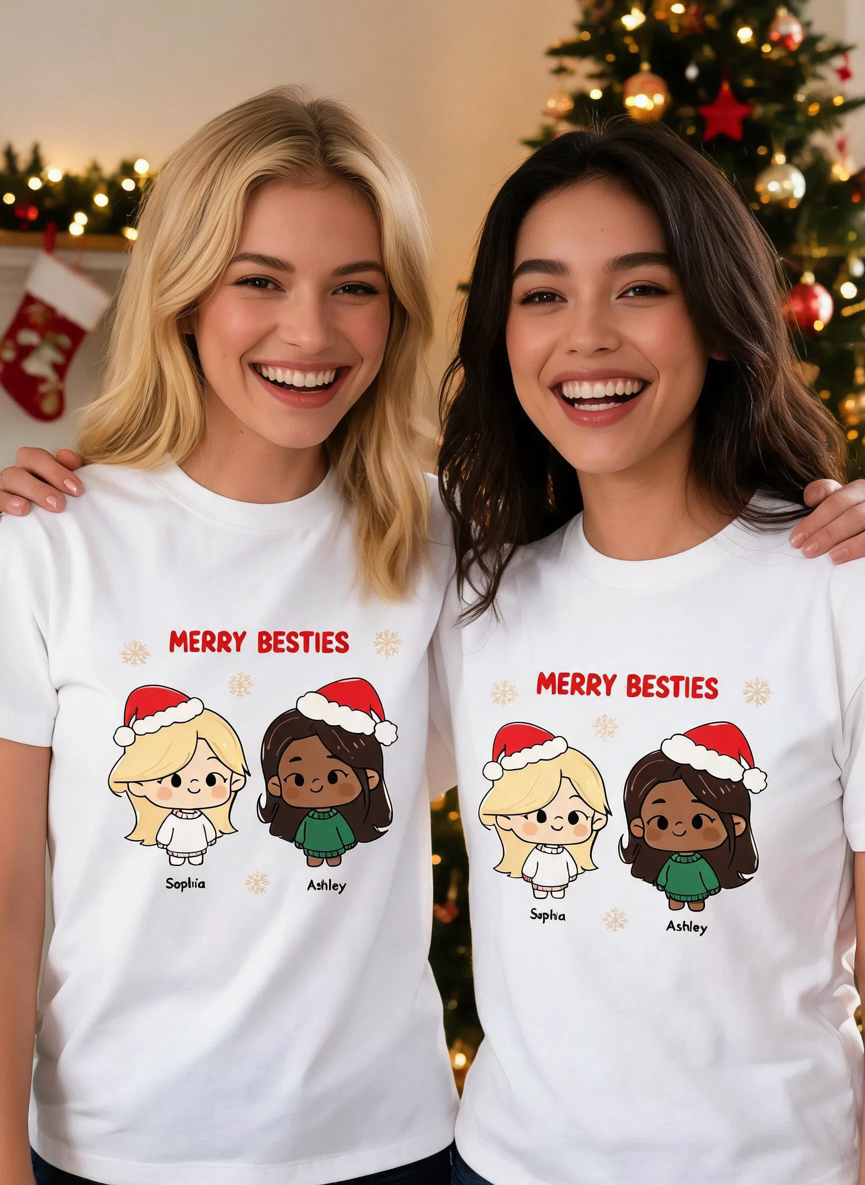 Camisa de Navidad Personalizada Merry Besties - Regalo a Juego con Foto y Nombres Personalizados para Mejores Amigos — Blanco