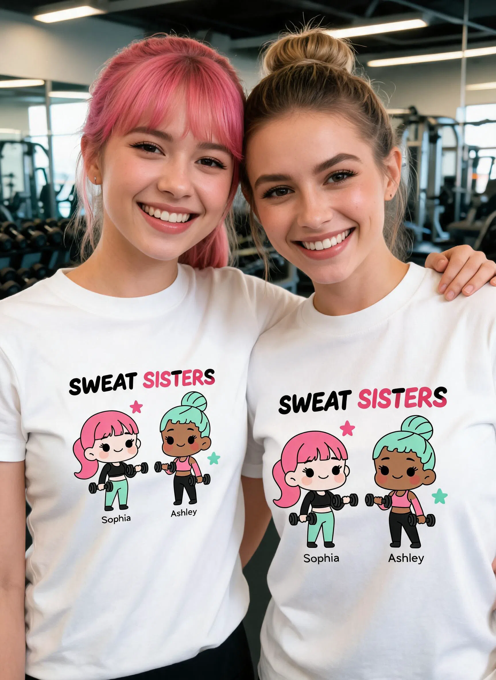 Sweat Sisters 定制健身T恤 - 定制照片&姓名 健身闺蜜同款礼物 — 白色