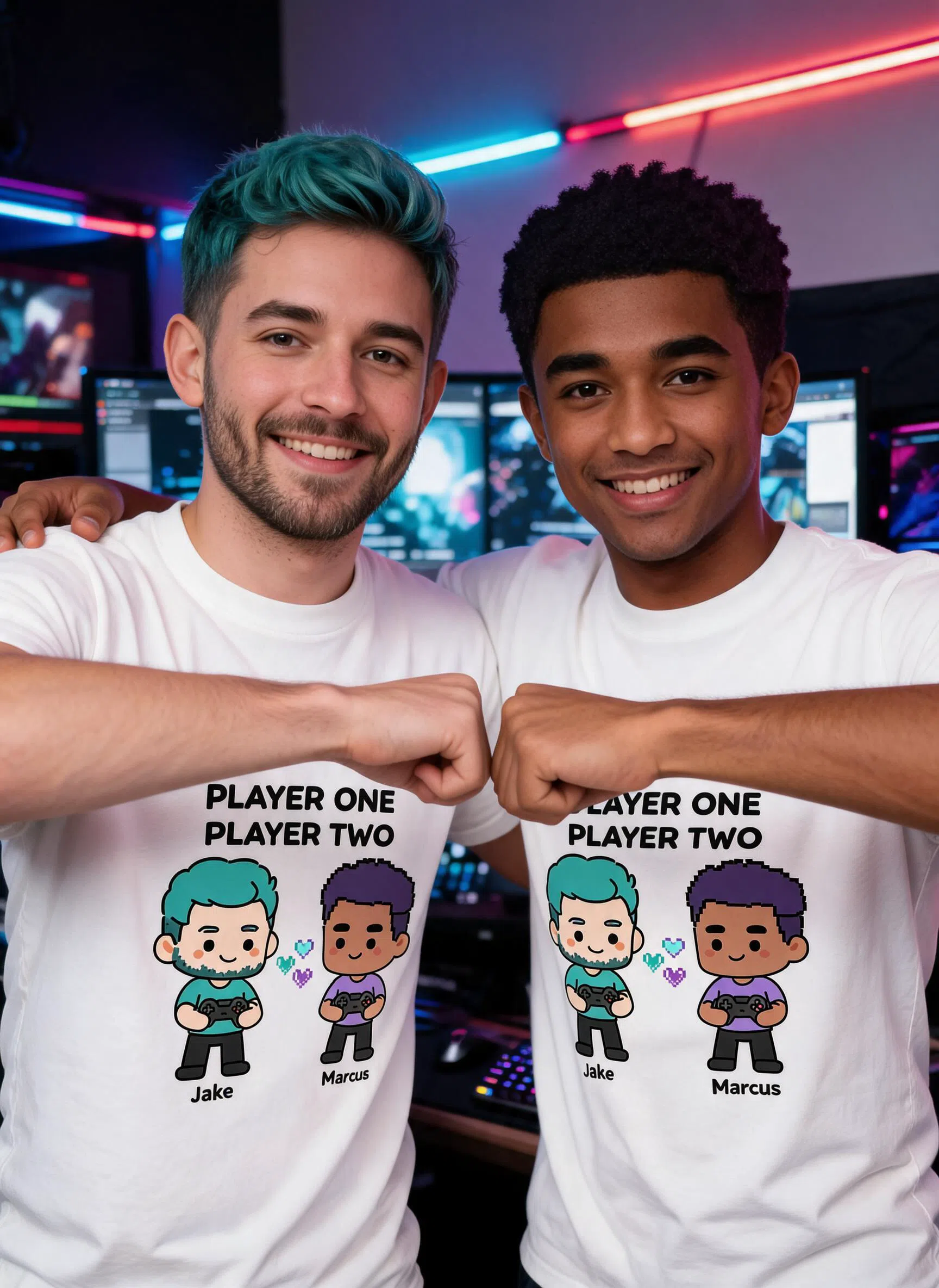 Player One Player Two Personalized Gaming Shirt - Custom Photo & Names Matching Gift for Gamer Bros — White