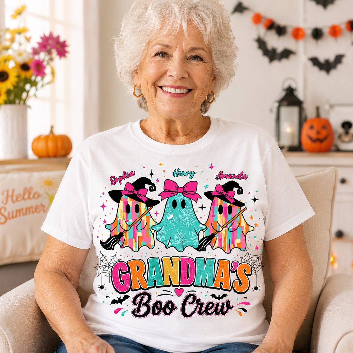 Grandma's Boo Crew Cute Bow Ghost - Personalized Shirt - Gift for Grandma — White