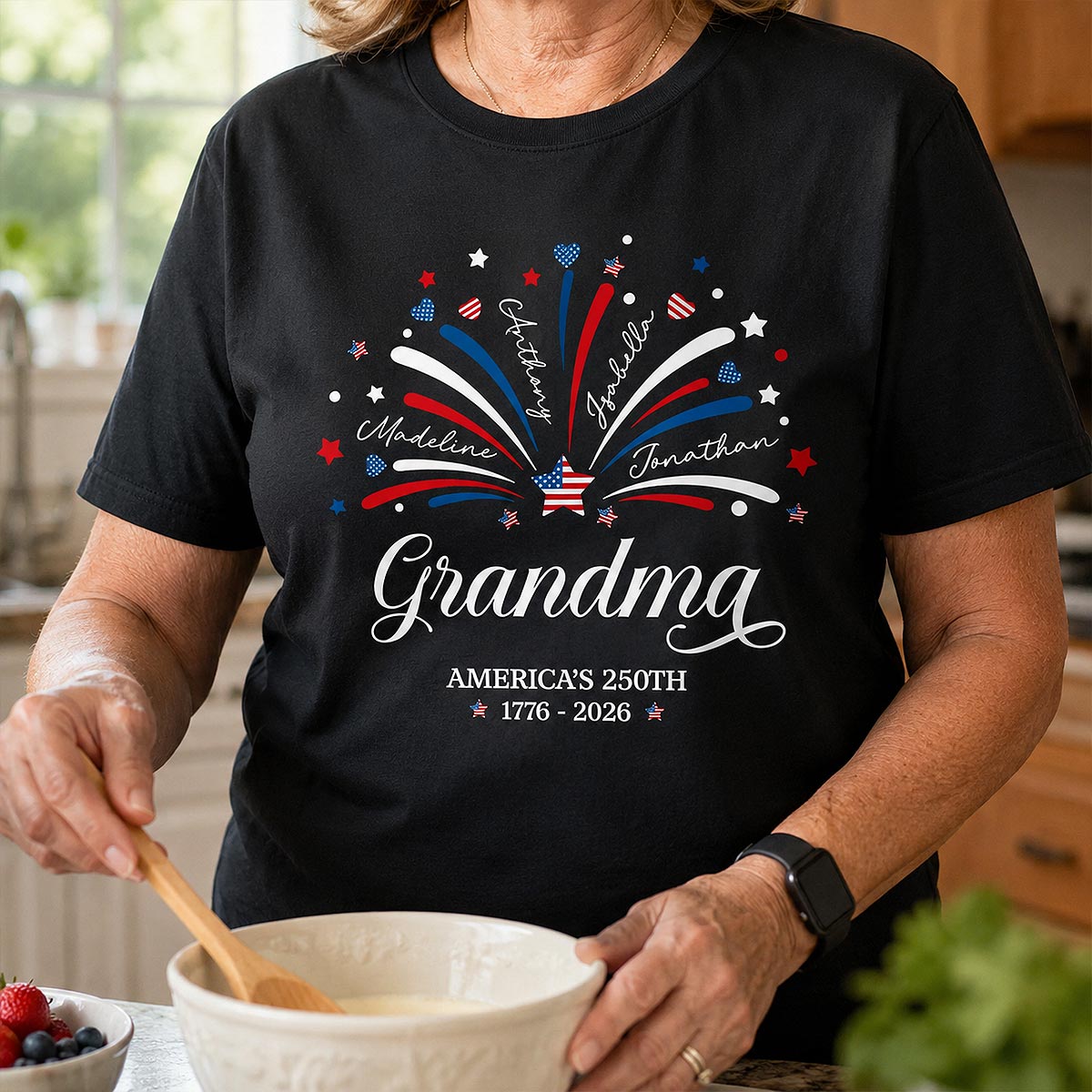 Grandma Fireworks Custom Kid Name - Personalized Shirt - American 250th Anniversary Keepsake For Grandma, Wife — White