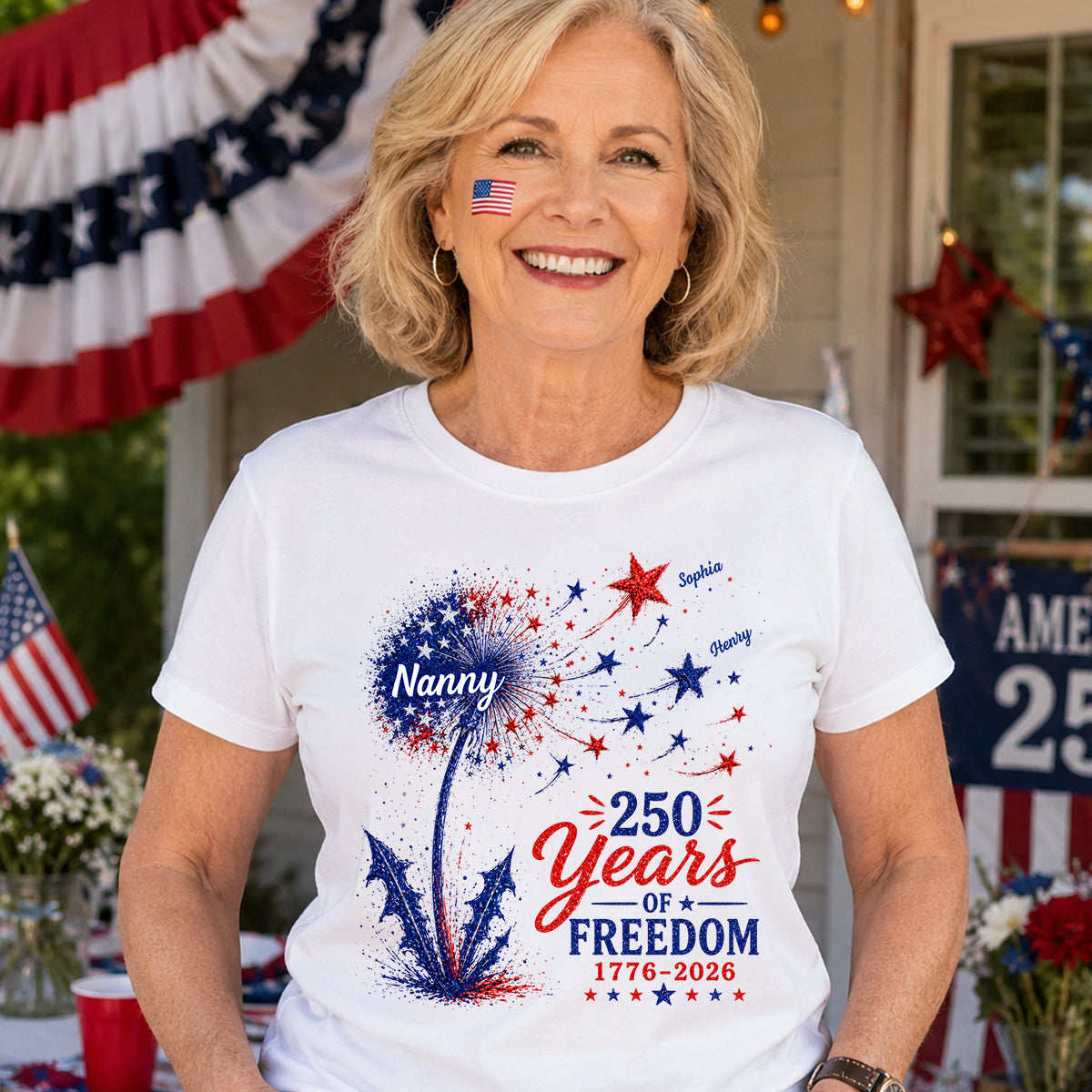 Grandma Patriotic Dandelion 250th Anniversary - Personalized Shirt - Gift for Grandma — White