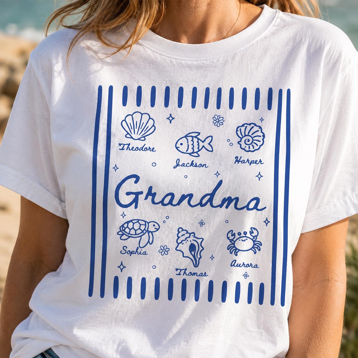 Blue Retro Summer Grandma Mom - Personalized Shirt — White