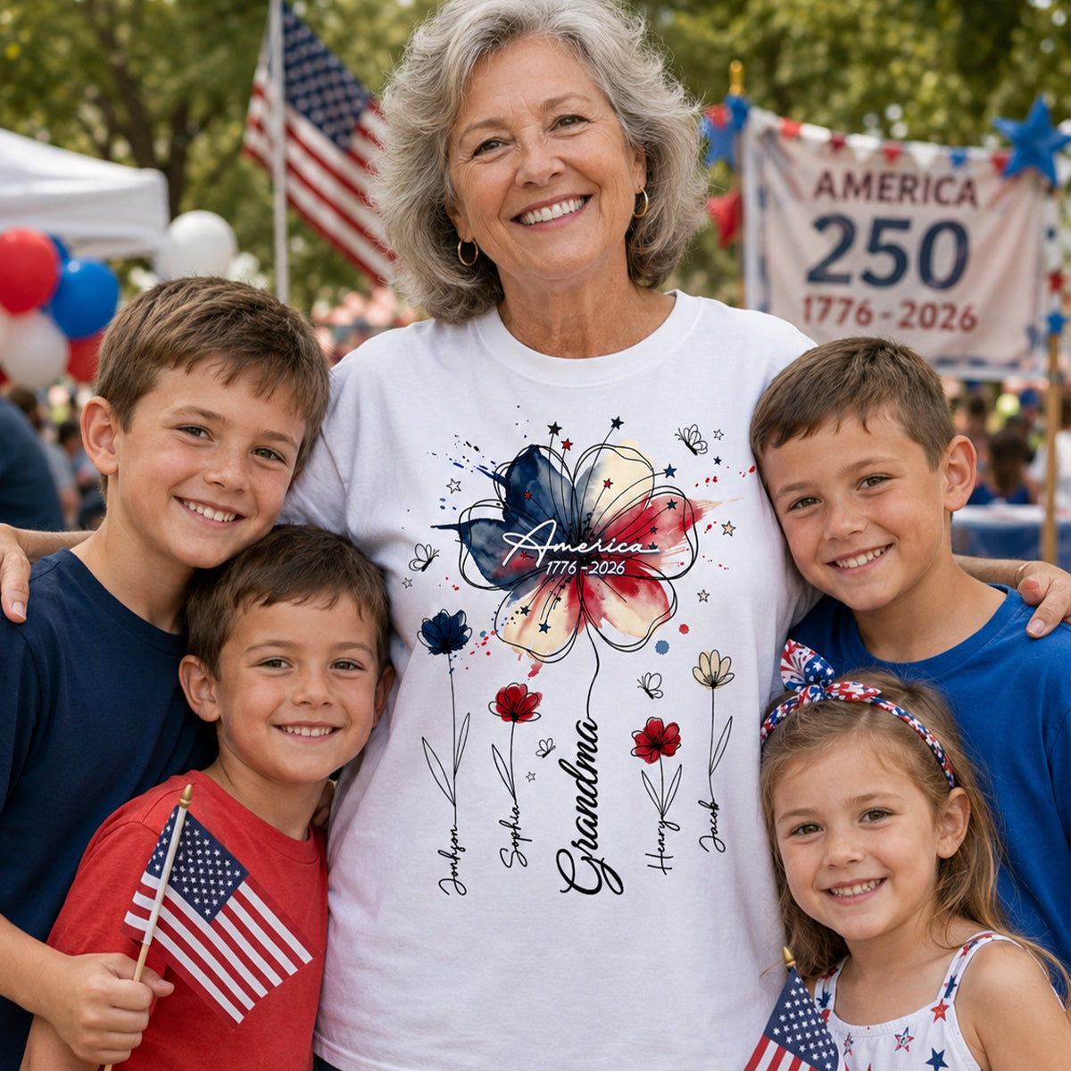USA 250th Anniversary Floral Grandma - Personalized Shirt - Patriotic Gift for Grandma, Mom — White