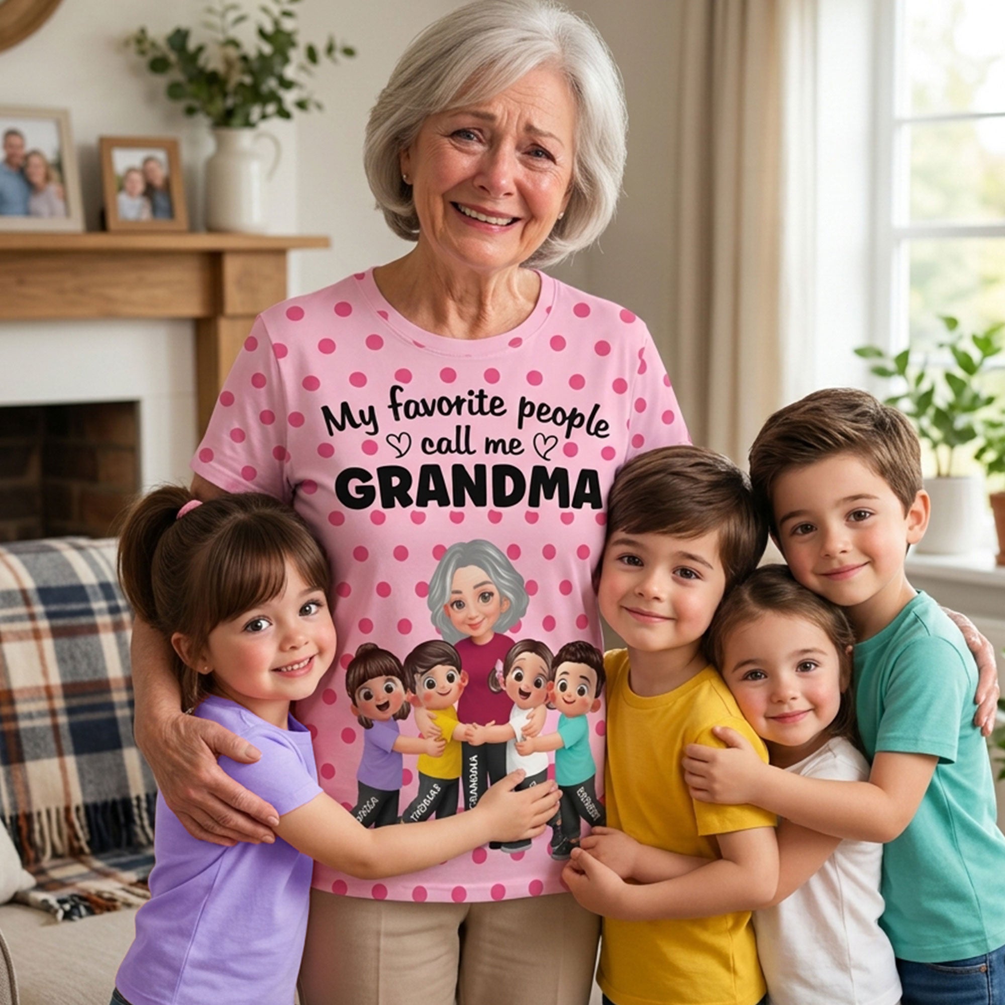 Grandma Grandkids Hugging Polka Dot Pattern - Personalized Shirt - Gift For Grandma, Mom — White