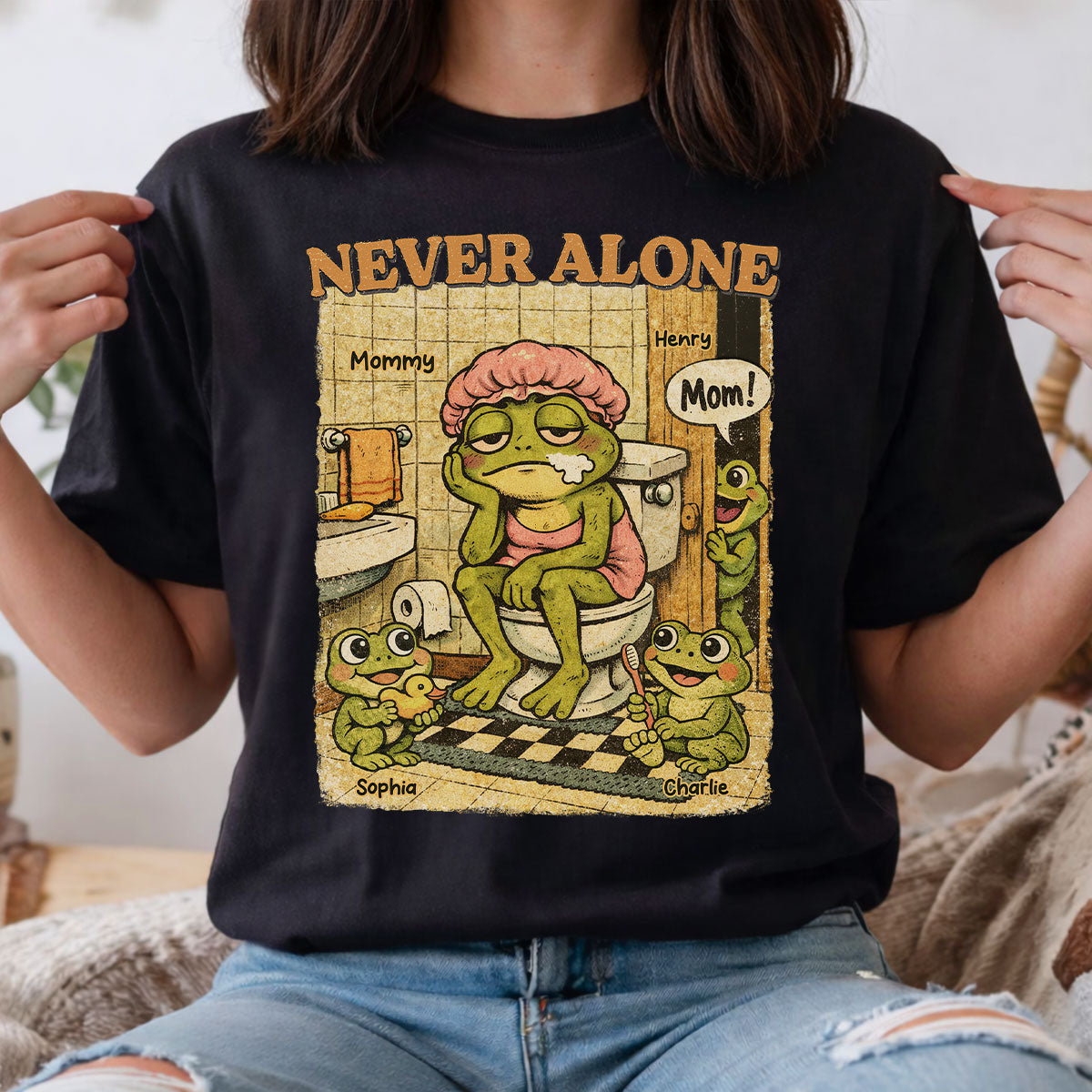 Retro Frog Mom Never Alone - Personalized Shirt - Funny Mother's Day Gift For Mom, Overstimulated, Humor, Snarky Motherhood — White