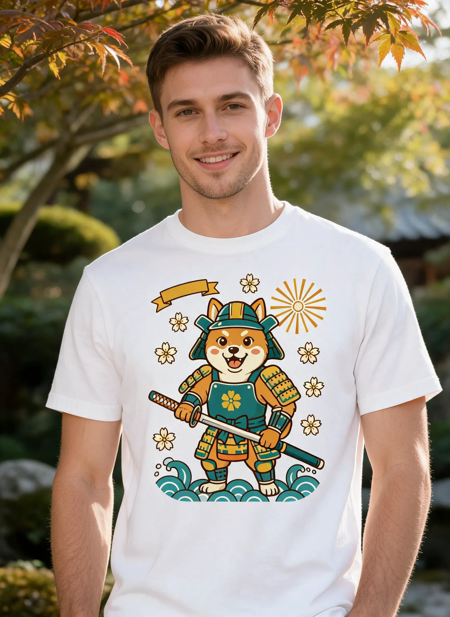 Samurai Shiba Watercolor Graphic Tee - Cute Dog Lover Art Shirt — White