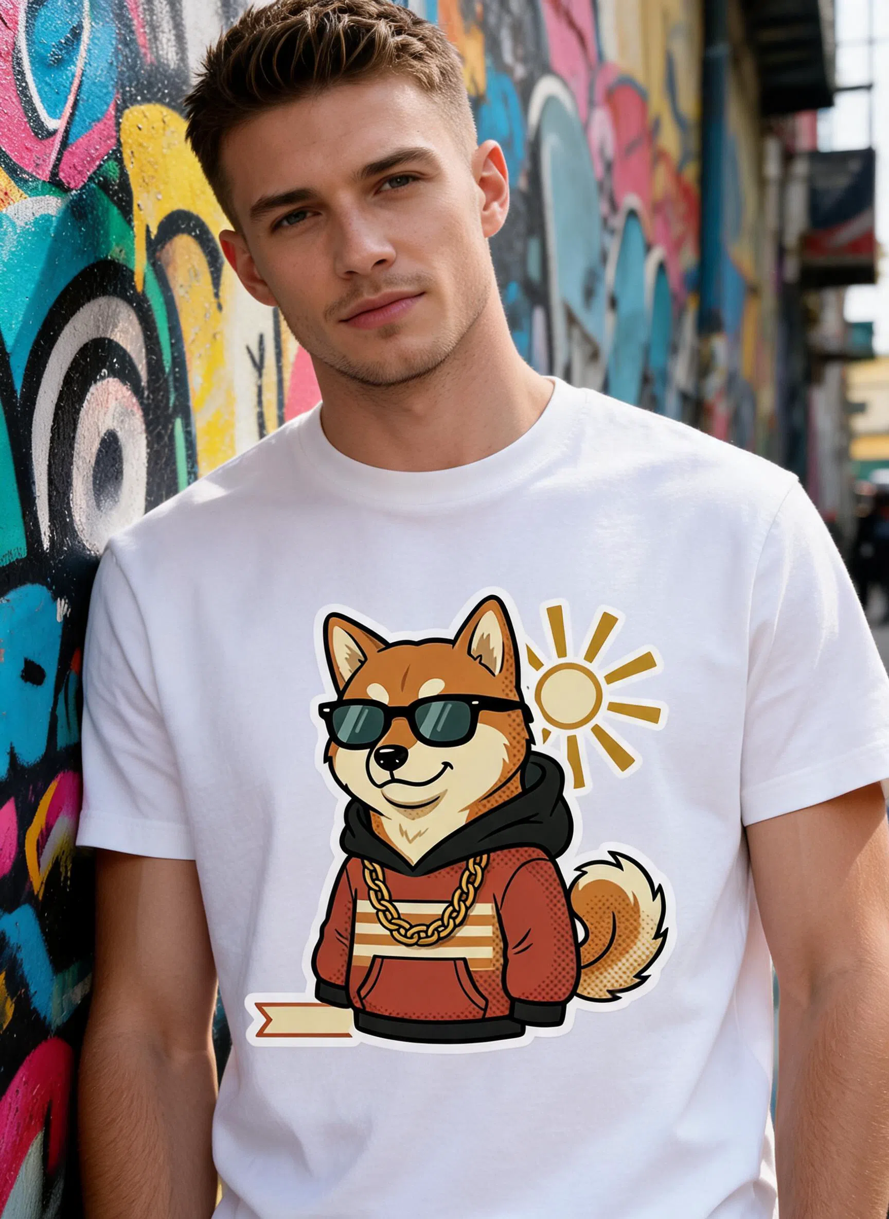 Hypebeast Shiba Grafik-T-Shirt - Streetwear Hunde-Motiv-Shirt — Weiß