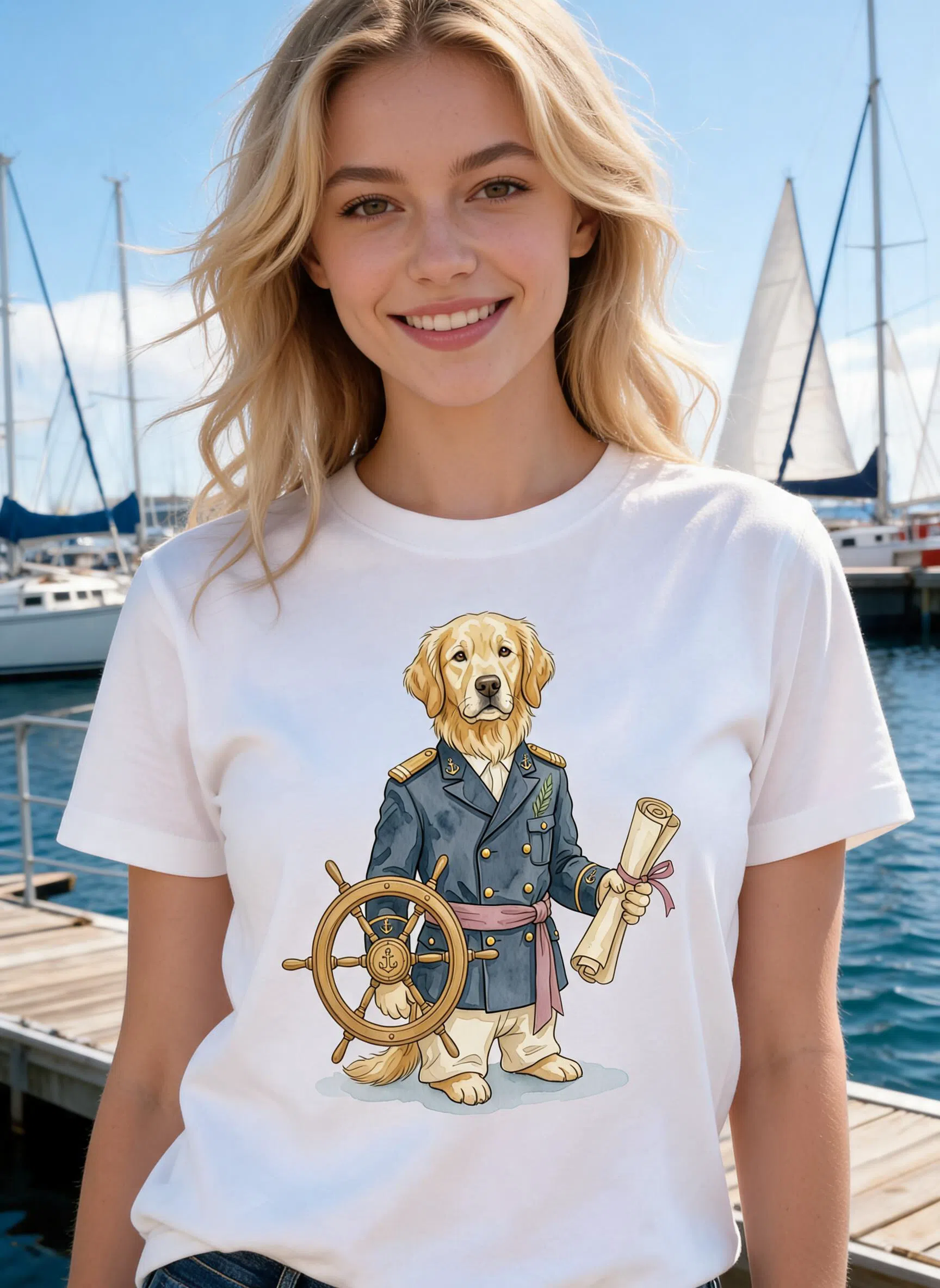 Admiral Dog Nautical Graphic Tee - Golden Retriever Art Shirt — White