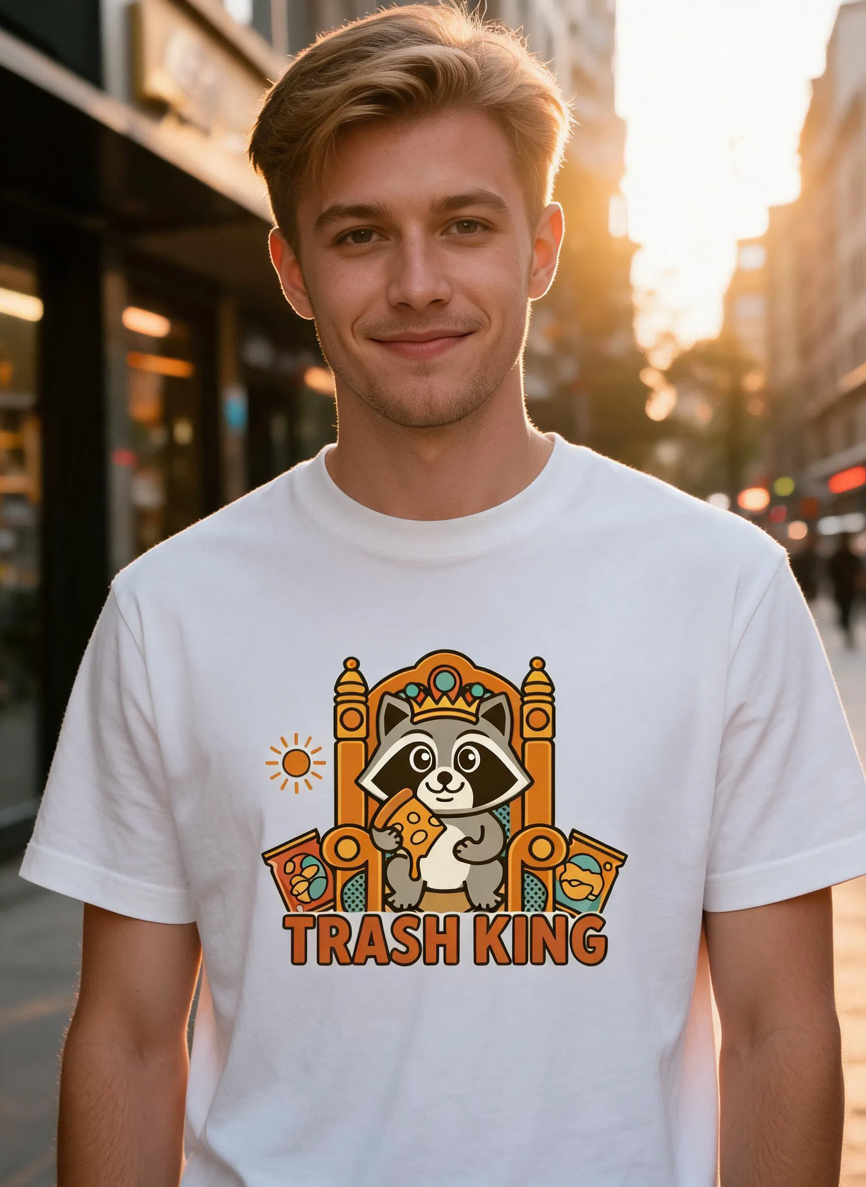 Trash King Raccoon Graphic Tee - Funny Animal Emblem Shirt — White