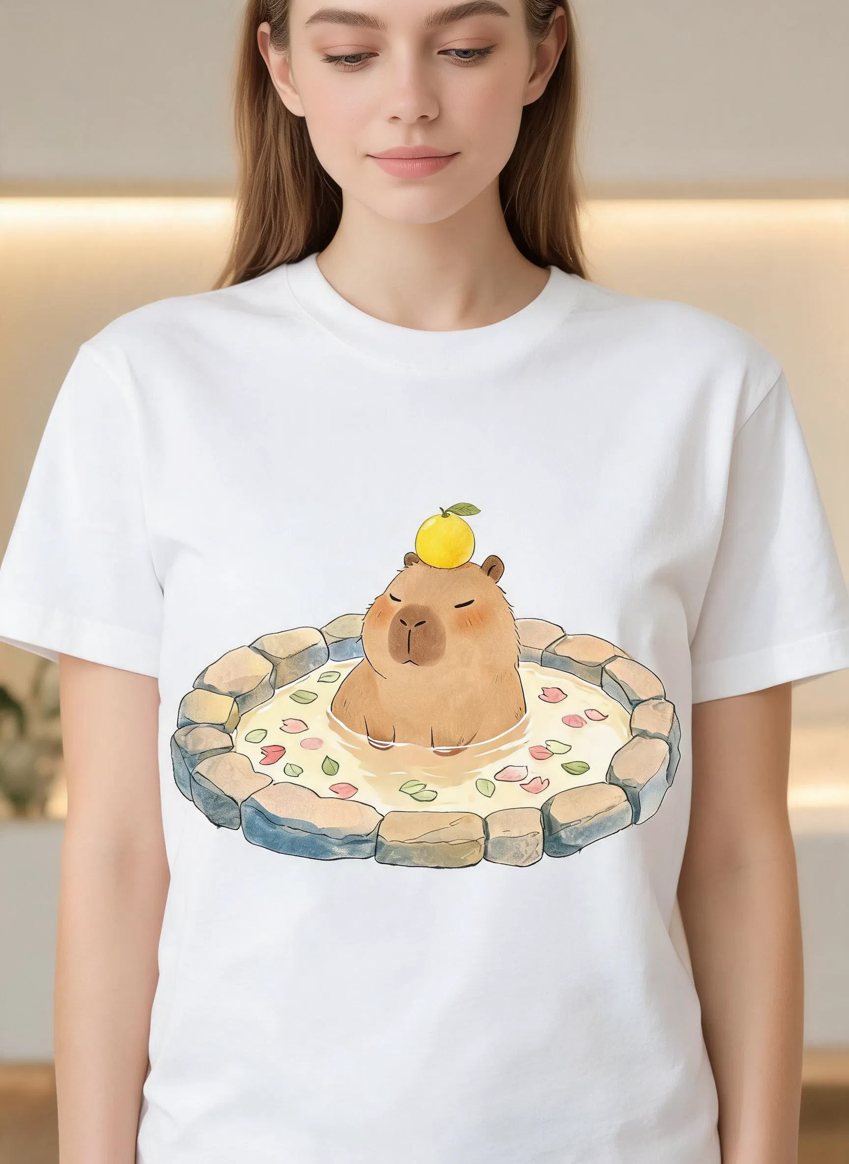 Onsen Capybara Watercolor Graphic Tee - Cute Relaxing Animal Shirt — White