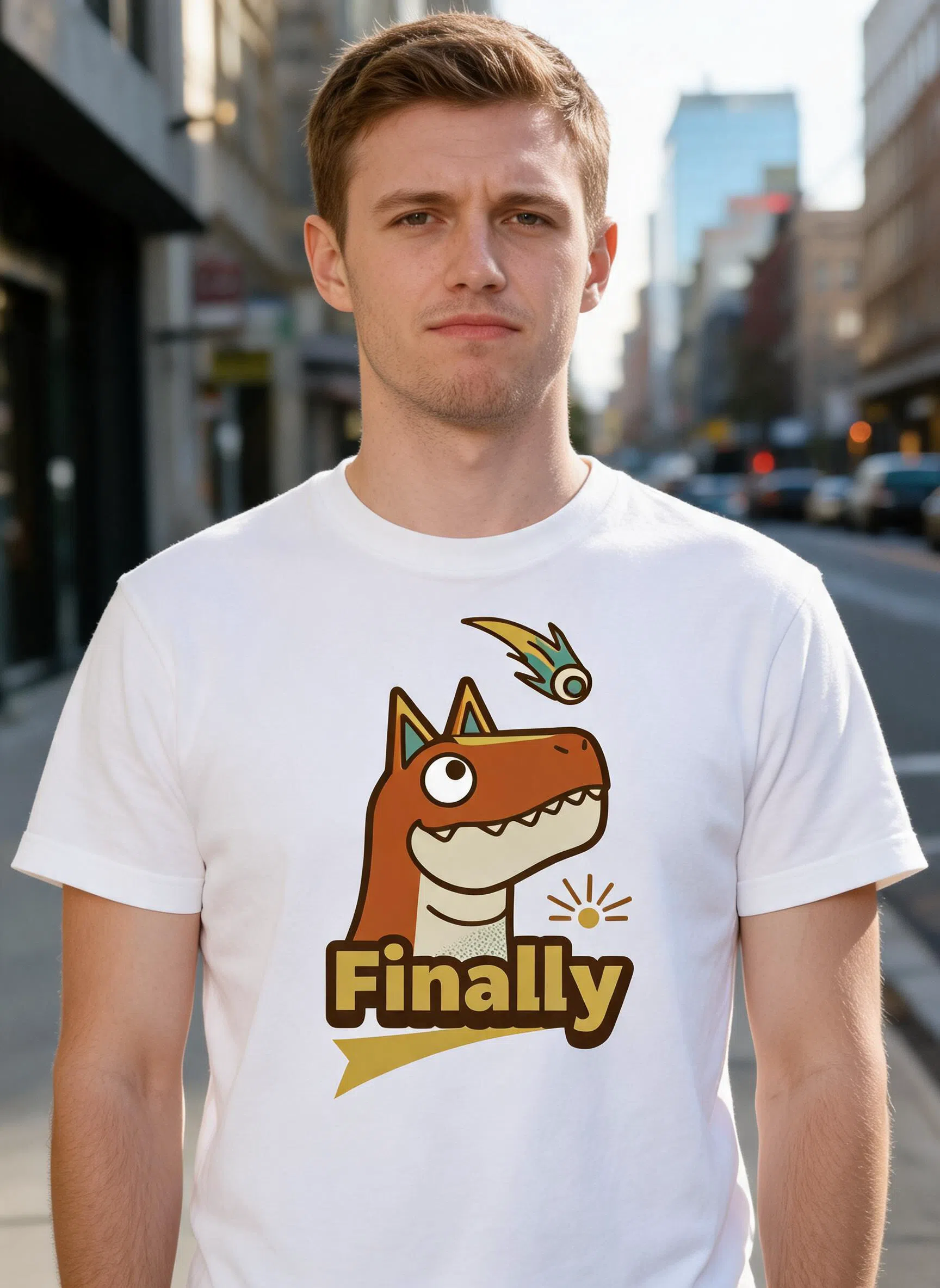 Finally Comet Dino Graphic Tee - Funny Dinosaur Meme Art Shirt — White