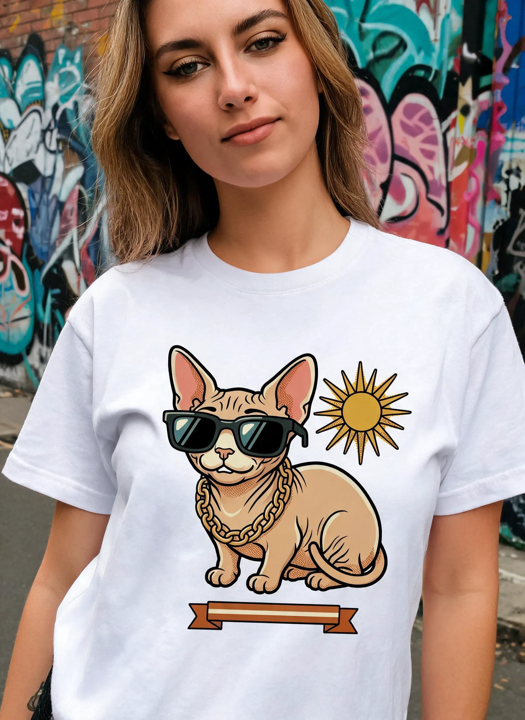 Hip-Hop Sphynx Cat Graphic Tee - Cool Cat Lover Art Shirt — White
