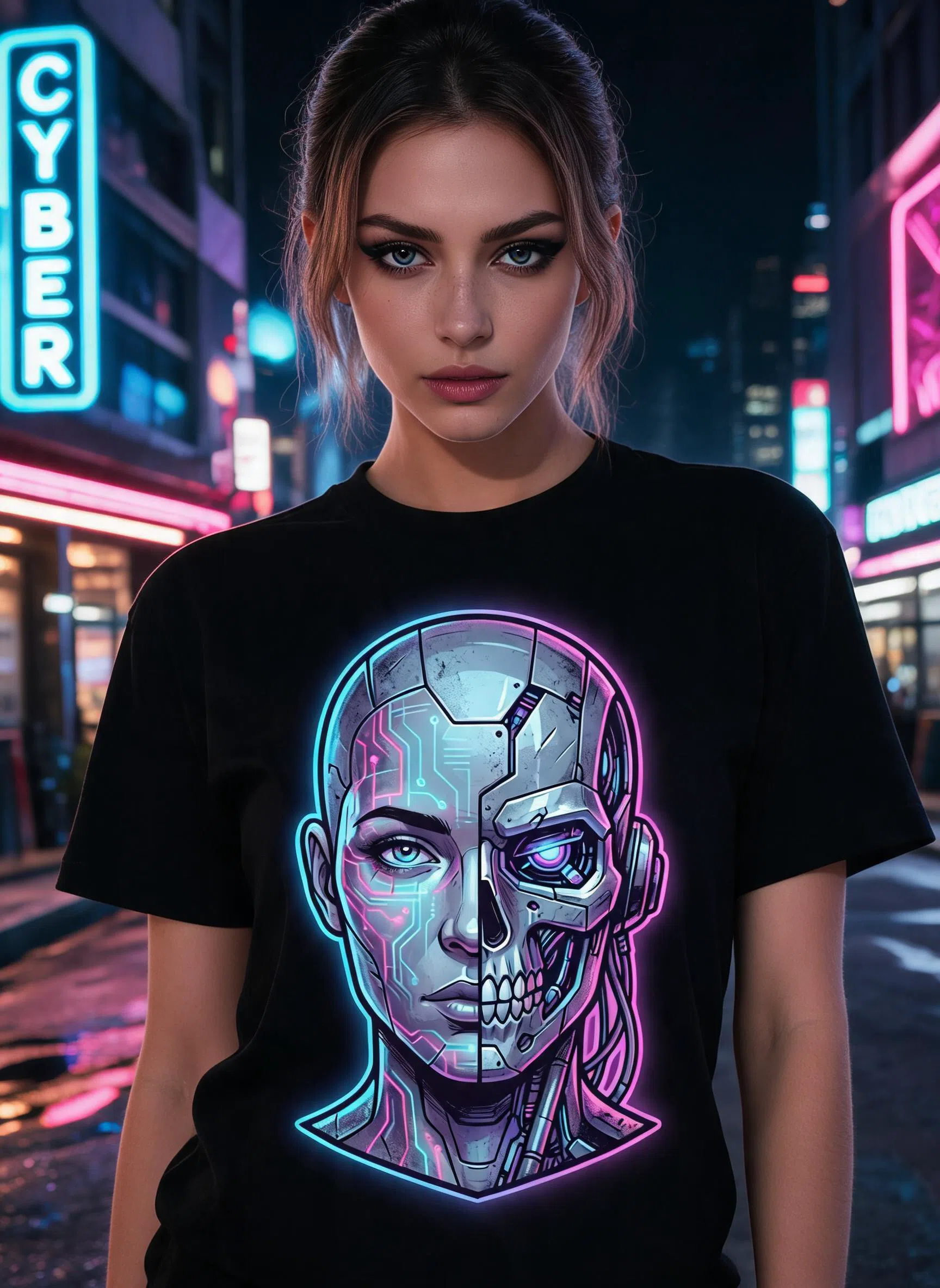 Android Gaze Cyberpunk Graphic Tee - Neon Sci-Fi Art Shirt — Black