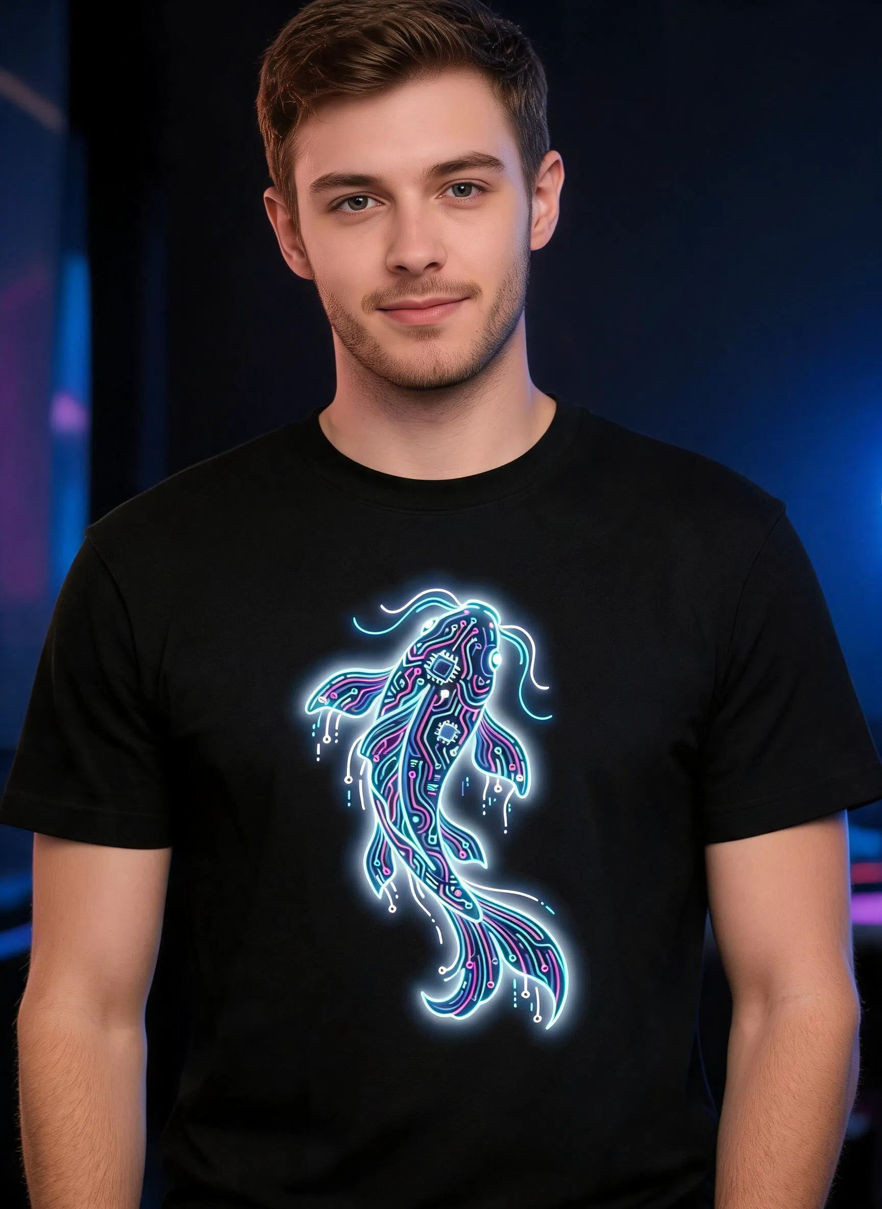 Neon Koi Circuit Graphic Tee - Cyberpunk Fish Sci-Fi Art Shirt — Black