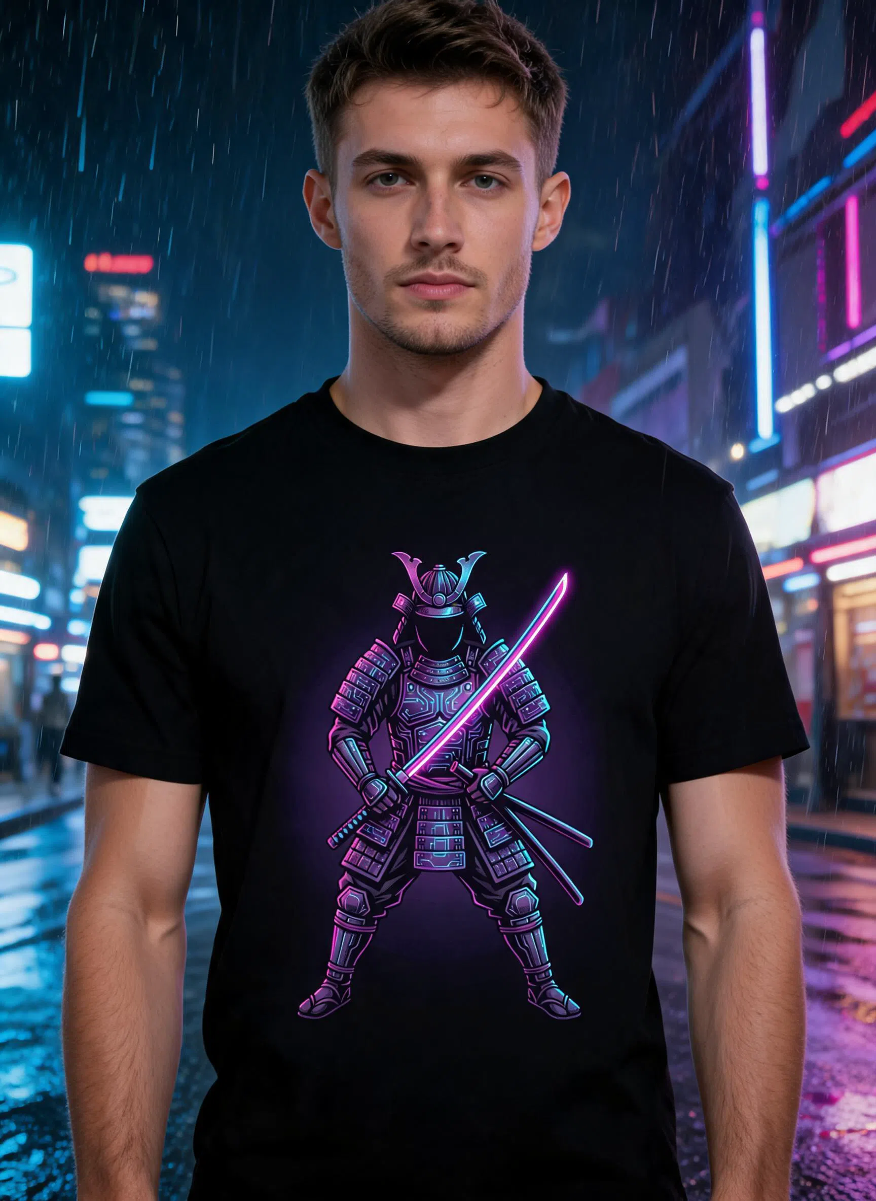Data Samurai Cyberpunk Graphic Tee - Neon Warrior Sci-Fi Art Shirt — Black