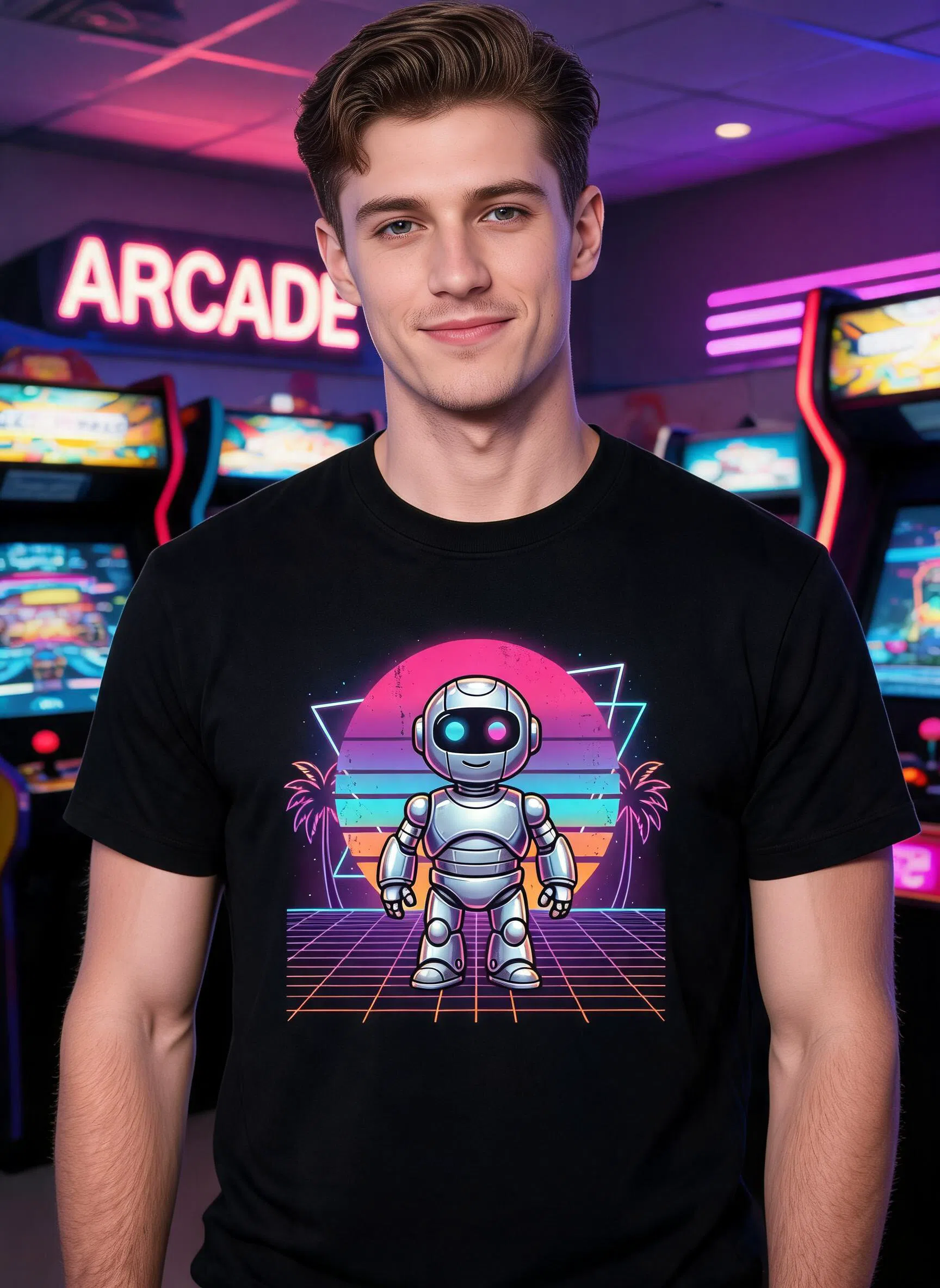 Sunset Grid Bot Synthwave Graphic Tee - Retro 80s Sci-Fi Art Shirt — Black