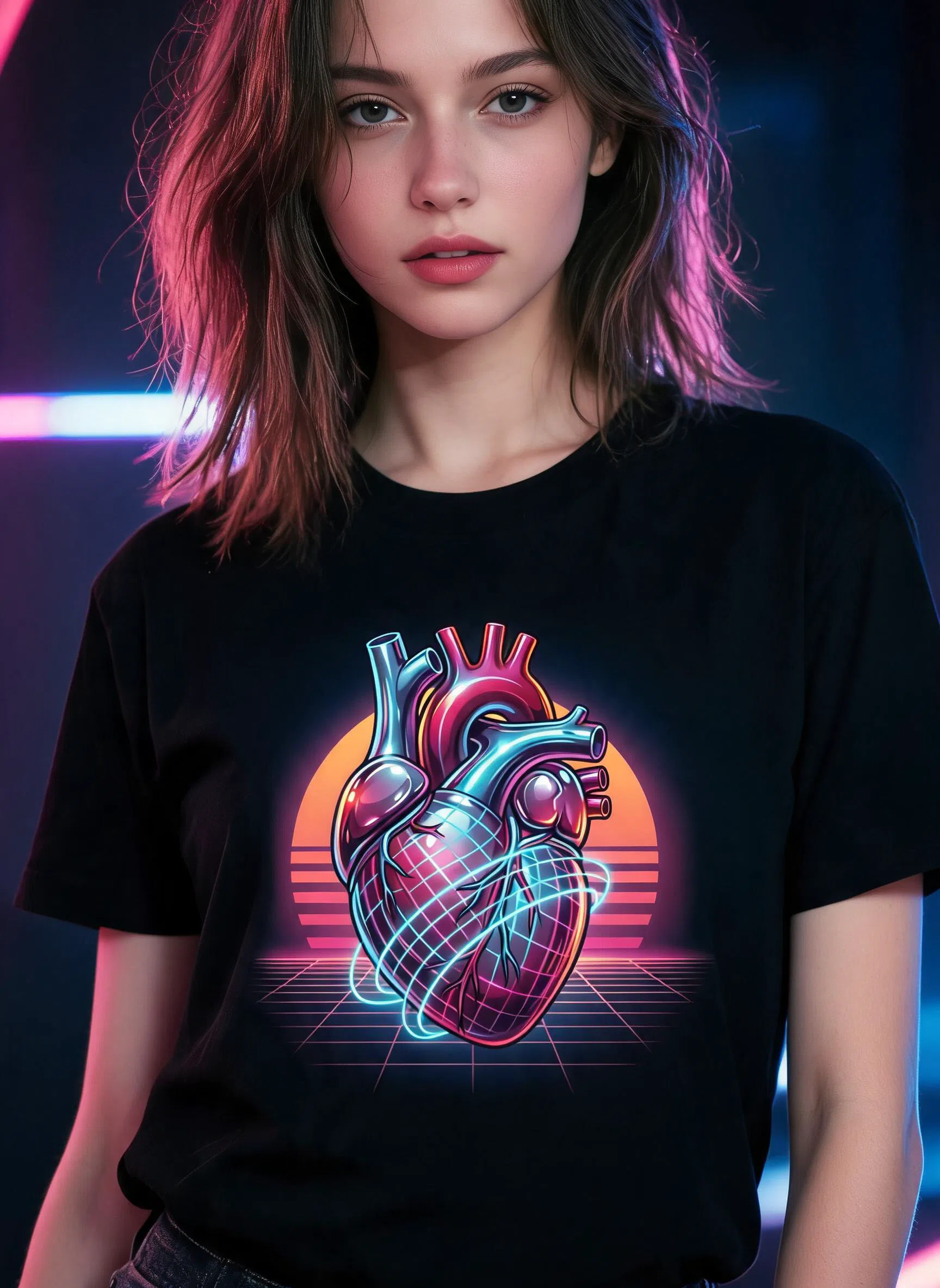 Chrome Heart 霓虹图案T恤 - 赛博朋克解剖科幻艺术T恤 — 黑色