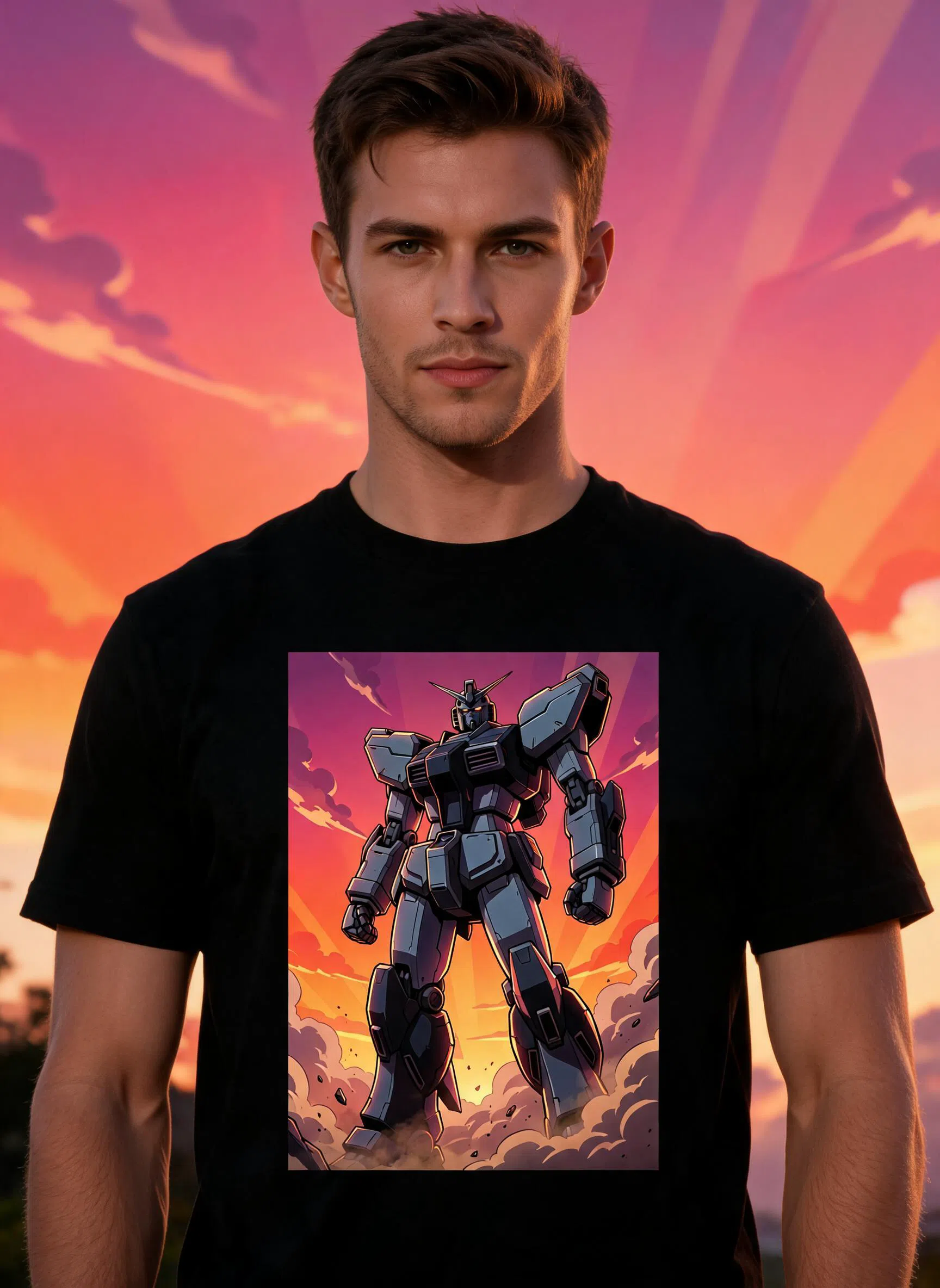 Mecha Sunset Graphic Tee - Giant Robot Mech Sci-Fi Art Shirt — Black