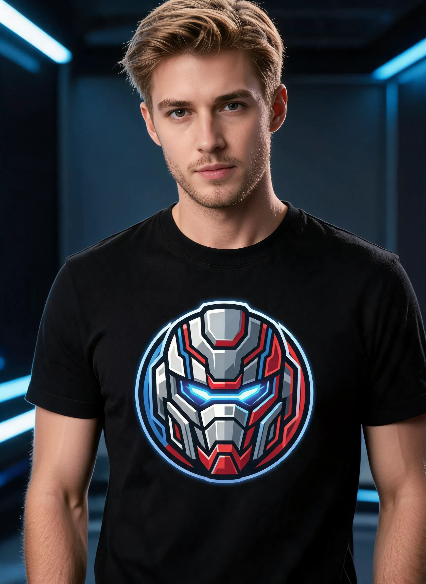 Mech Head Emblem Graphic Tee - Robot Badge Sci-Fi Art Shirt — Black
