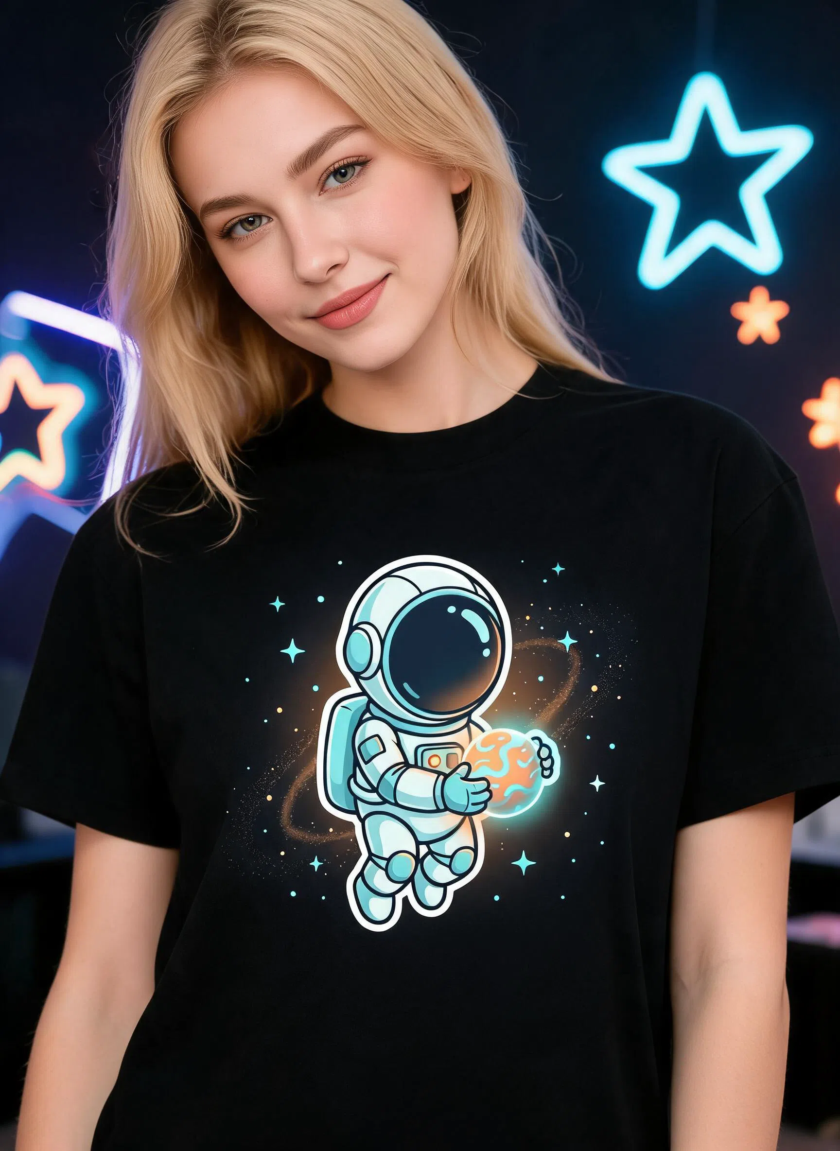 Astronaut Bot Graphic Tee - Cute Space Neon Sci-Fi Art Shirt — Black