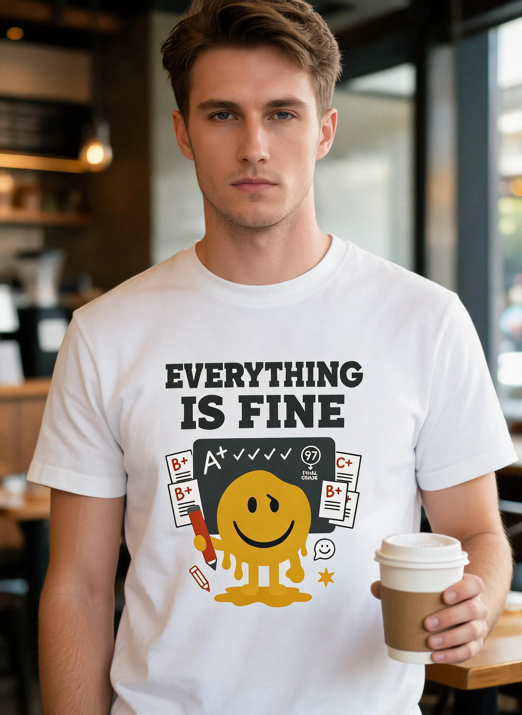 Everything Is Fine Graphic Tee - Funny Melting Smiley Meme Shirt — White
