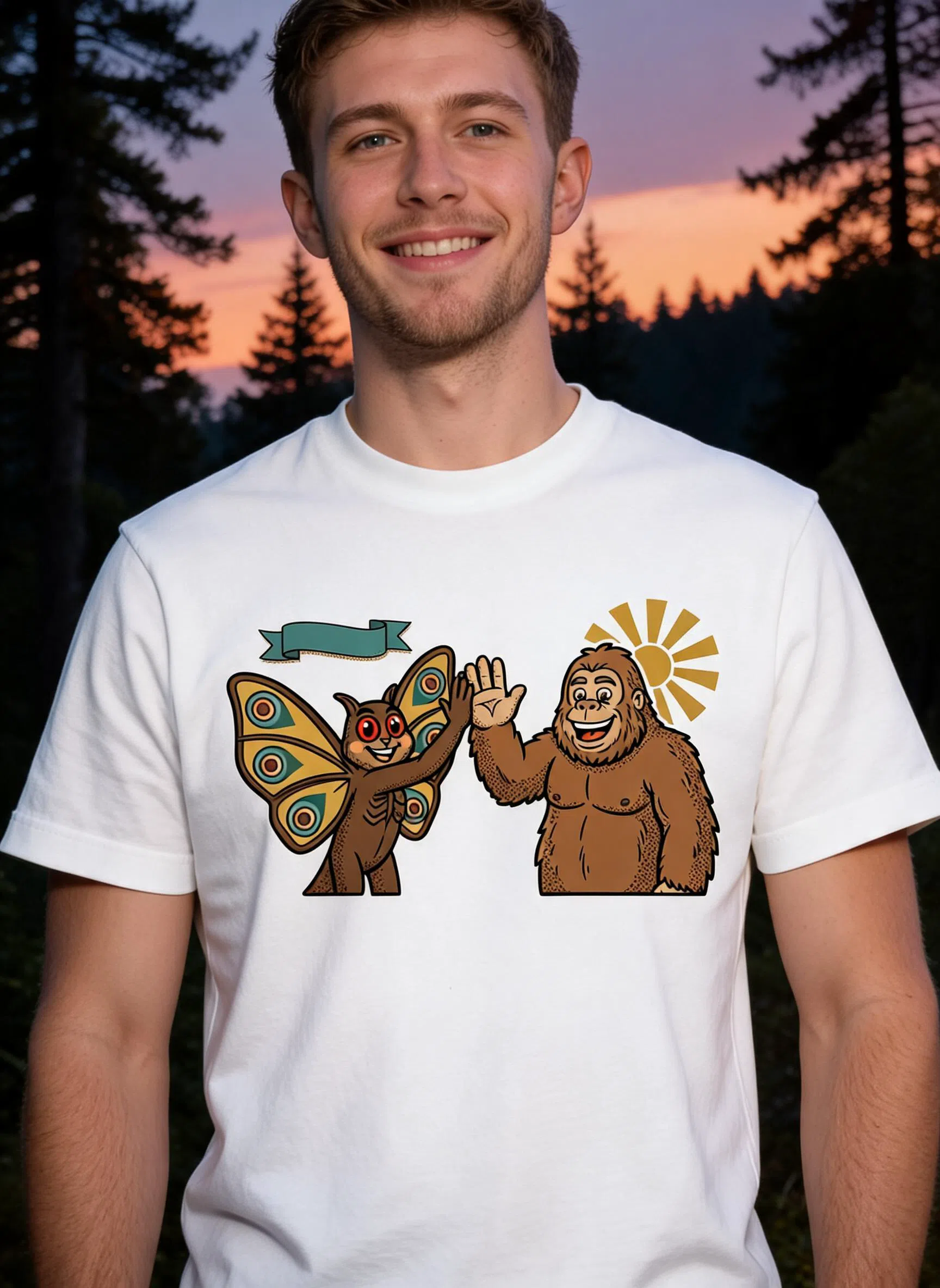 Cryptid High-Five Graphic Tee - Funny Bigfoot Mothman Meme Shirt — White