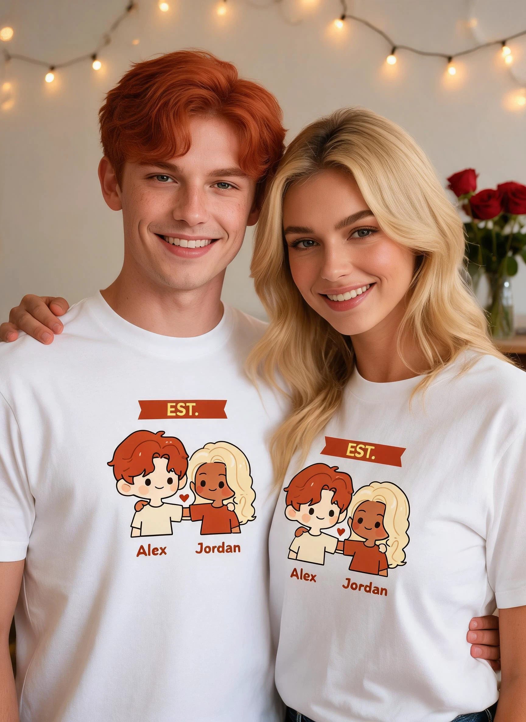 Est. Personalized Anniversary Matching Shirt - Custom Photo & Names Couple Gift — White