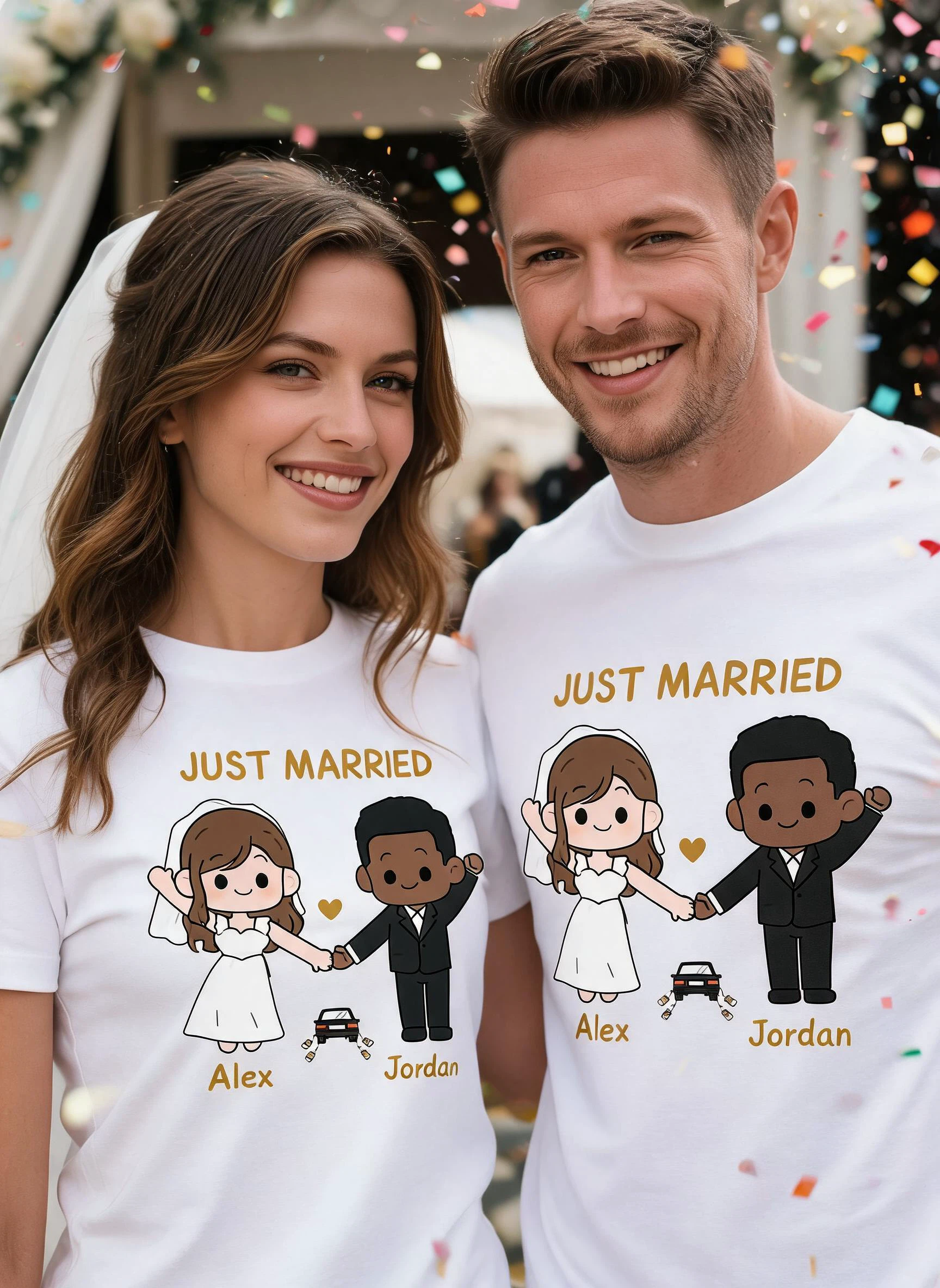 Just Married Personalized Wedding Matching Shirt - Custom Photo & Names Bride & Groom Gift β White