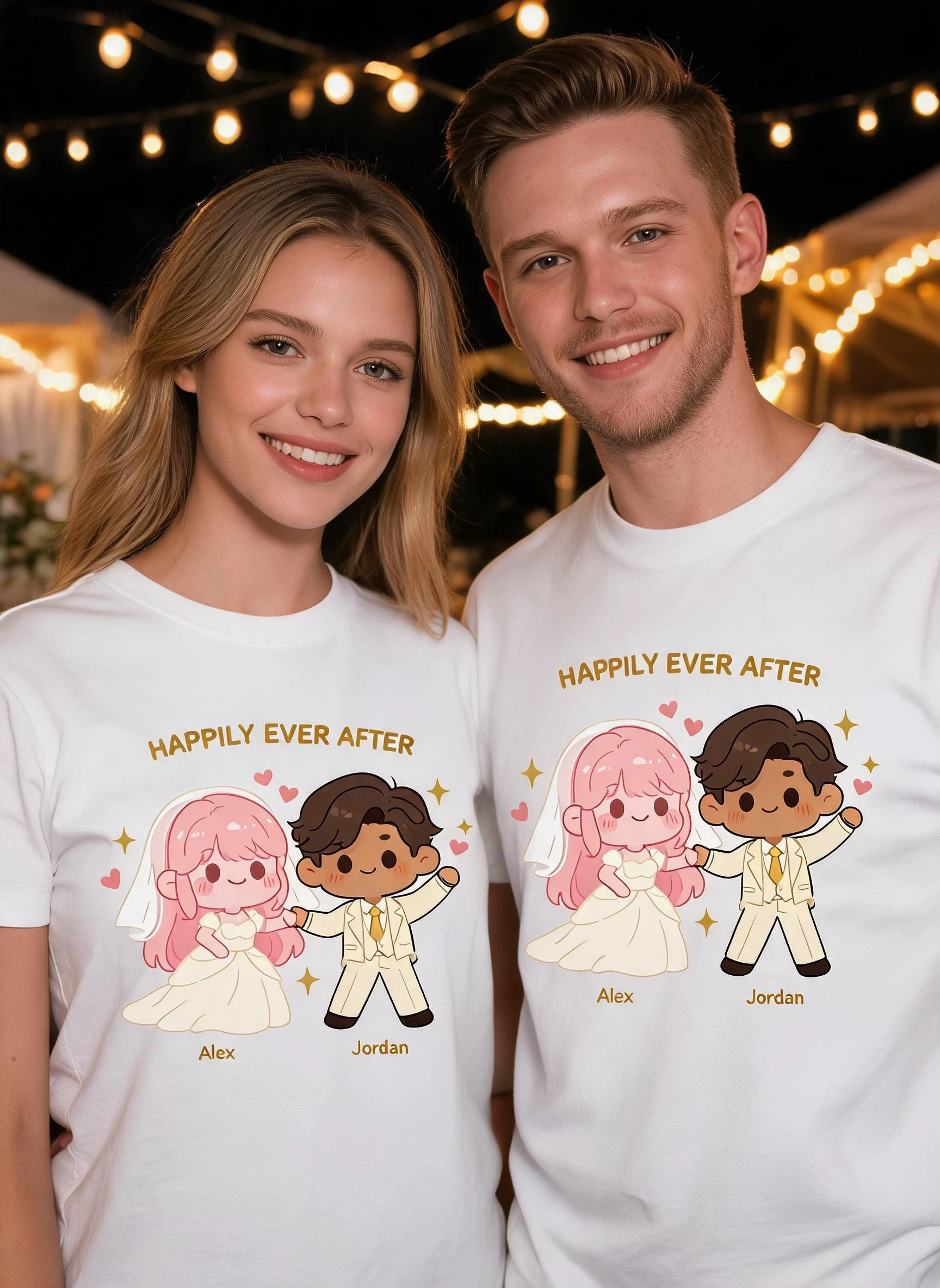 Happily Ever After Personalized Wedding Matching Shirt - Custom Photo & Names Bride & Groom Gift β White