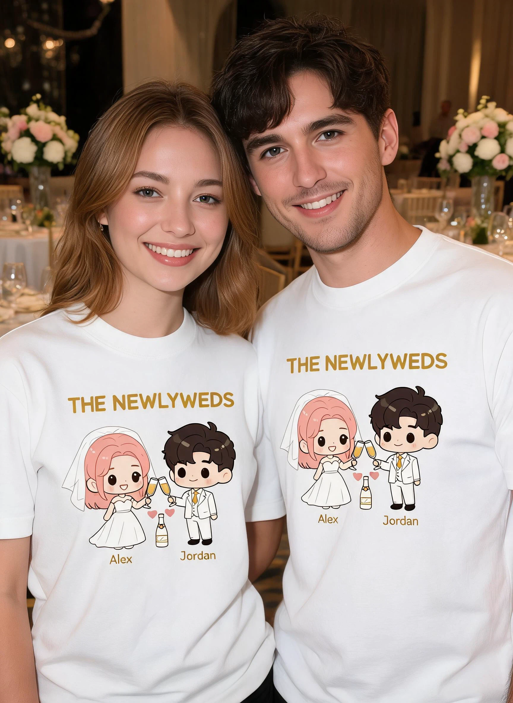 The Newlyweds Personalized Wedding Matching Shirt - Custom Photo & Names Bride & Groom Gift β White