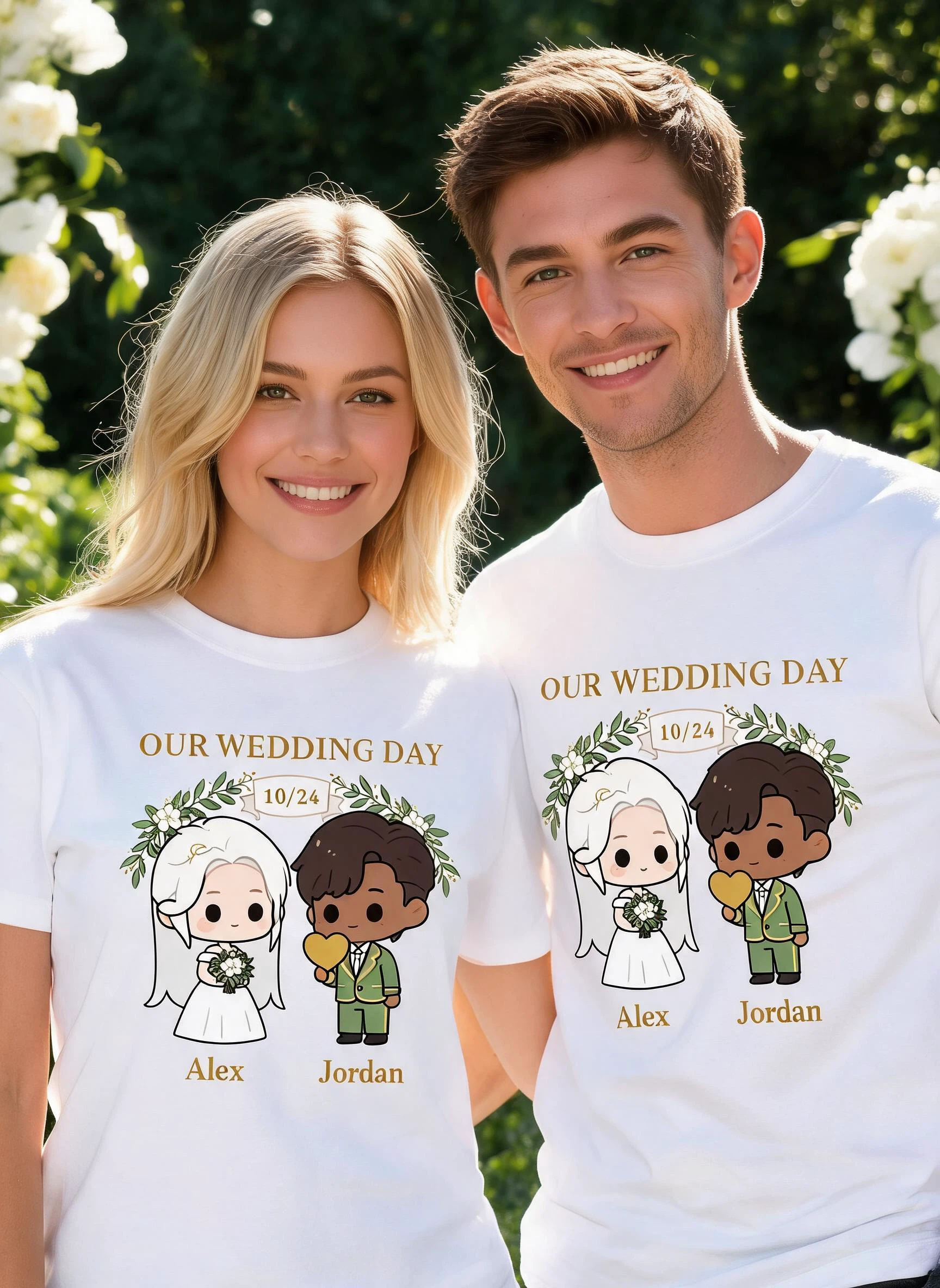 Our Wedding Day Personalized Wedding Matching Shirt - Custom Photo & Names Bride & Groom Gift β White