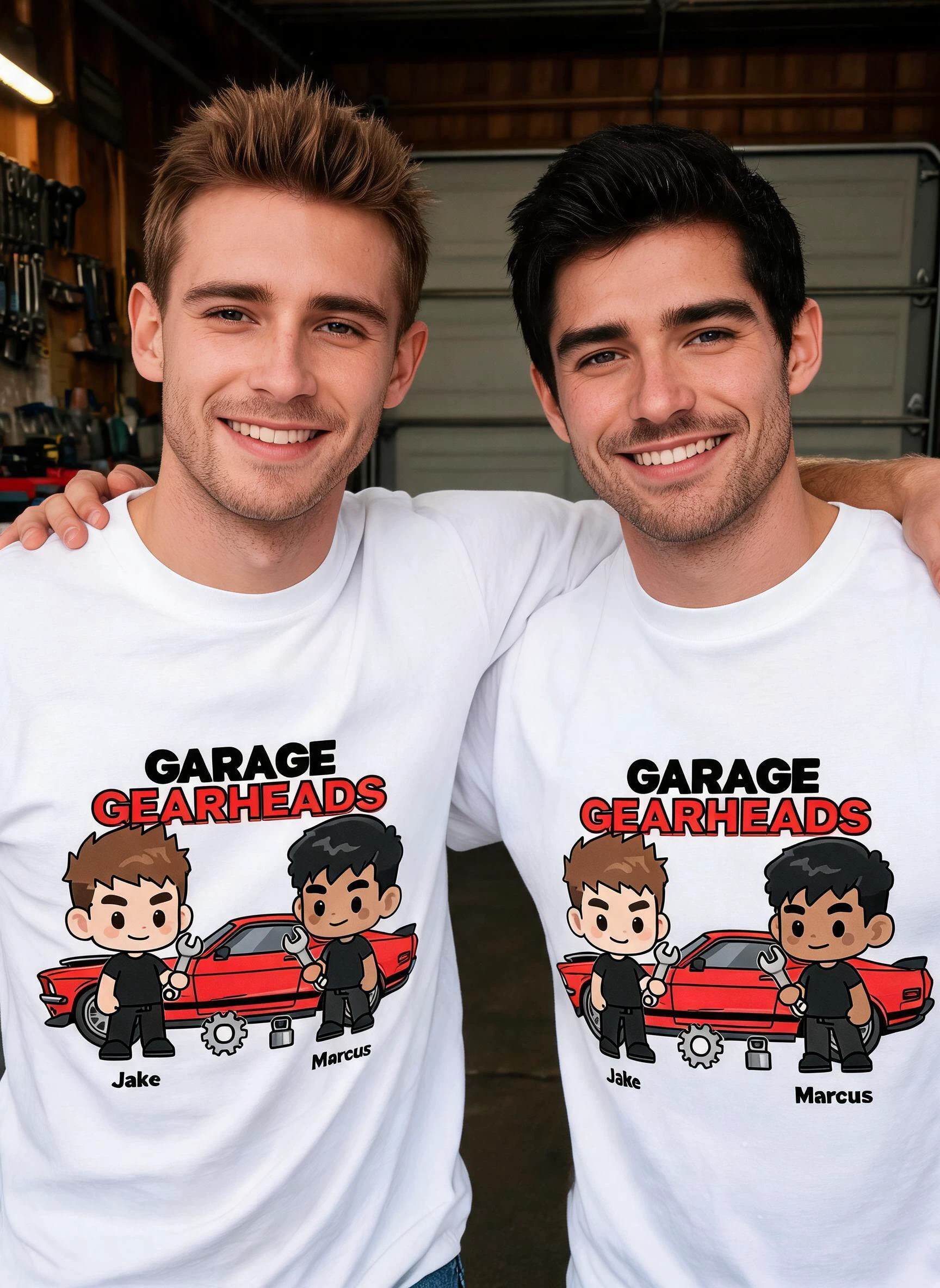 Garage Gearheads Personalized Matching Shirt - Custom Photo & Names Gift for Best Bros — White