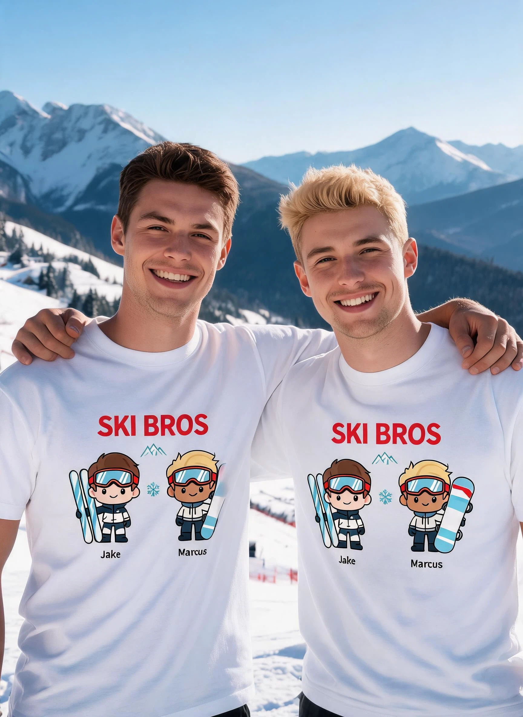 Ski Bros Personalized Matching Shirt - Custom Photo & Names Gift for Best Bros — White