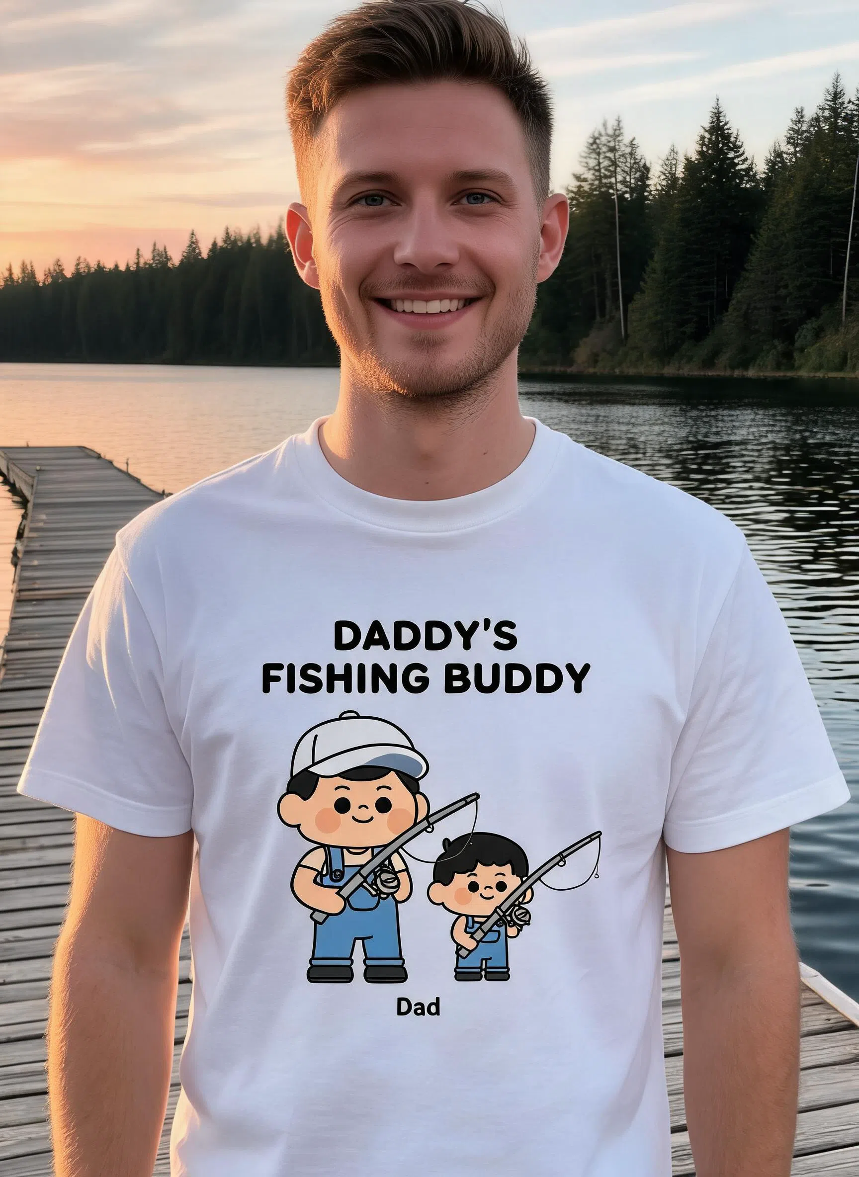 Daddy's Fishing Buddy Personalized Father's Day Shirt - Custom Name Cartoon Gift — White