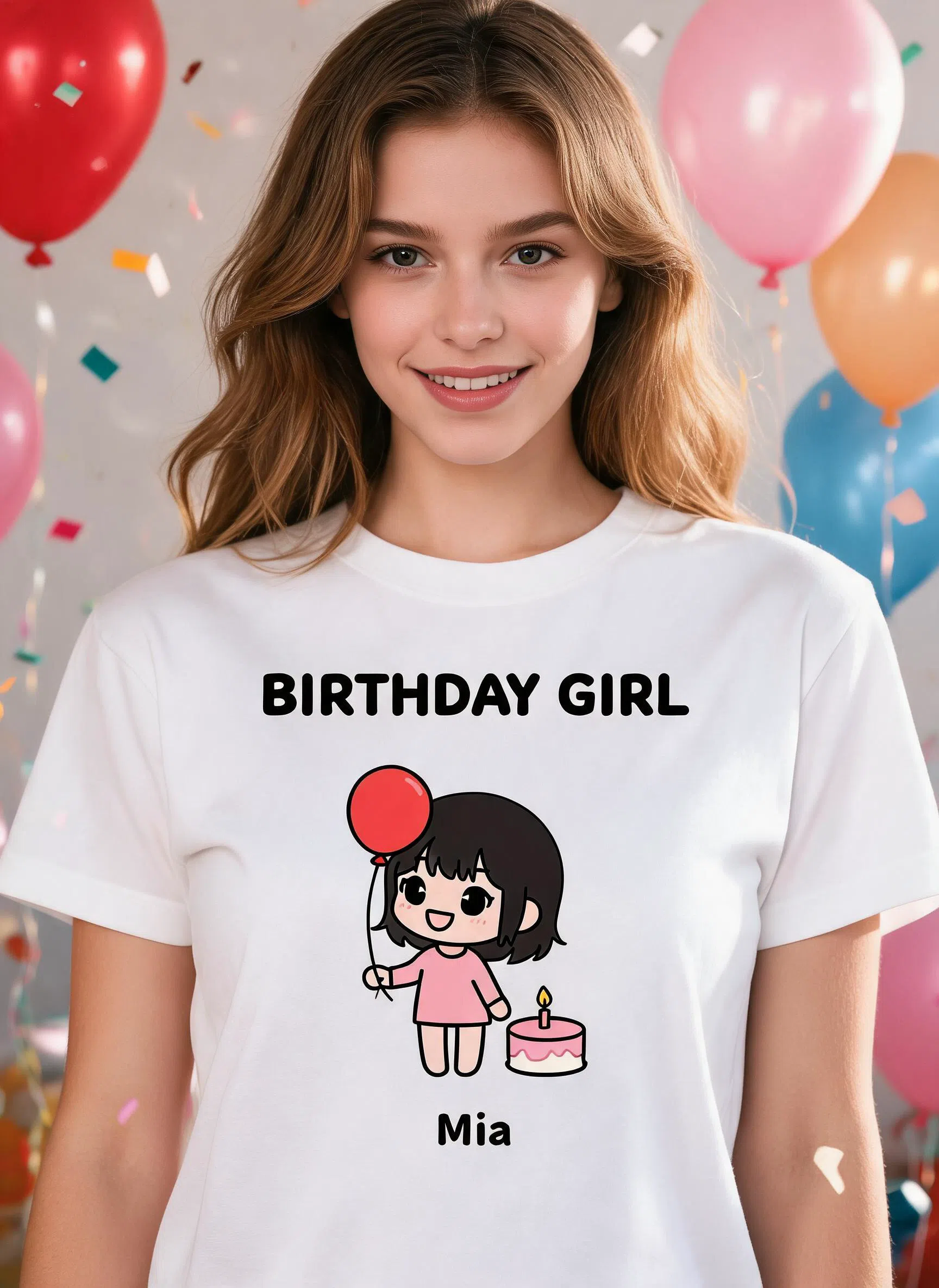 Birthday Girl Personalized Cartoon Shirt - Custom Name Photo Party Gift — White