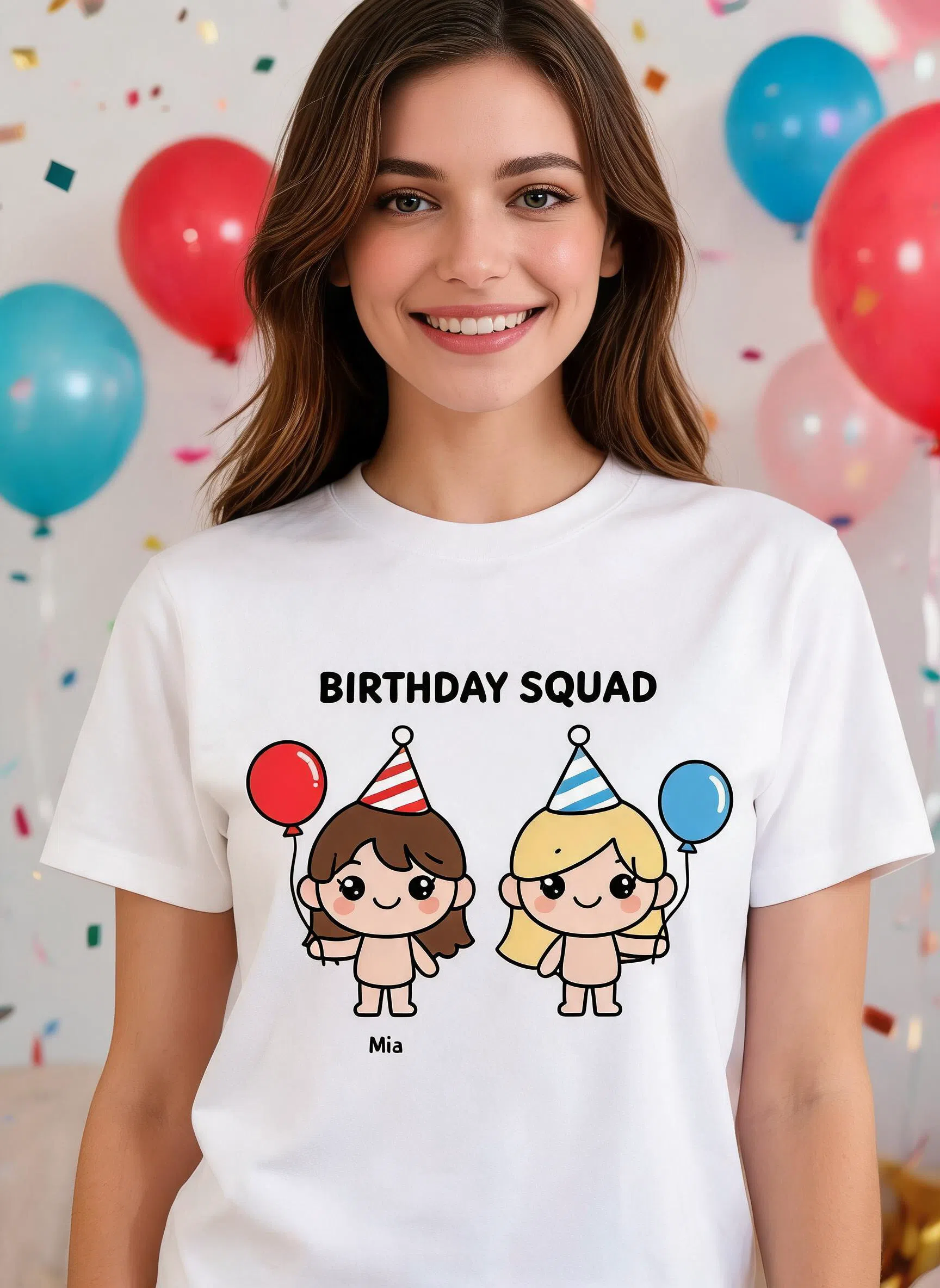 Birthday Squad Personalized Cartoon Shirt - Custom Name Matching Party Gift — White