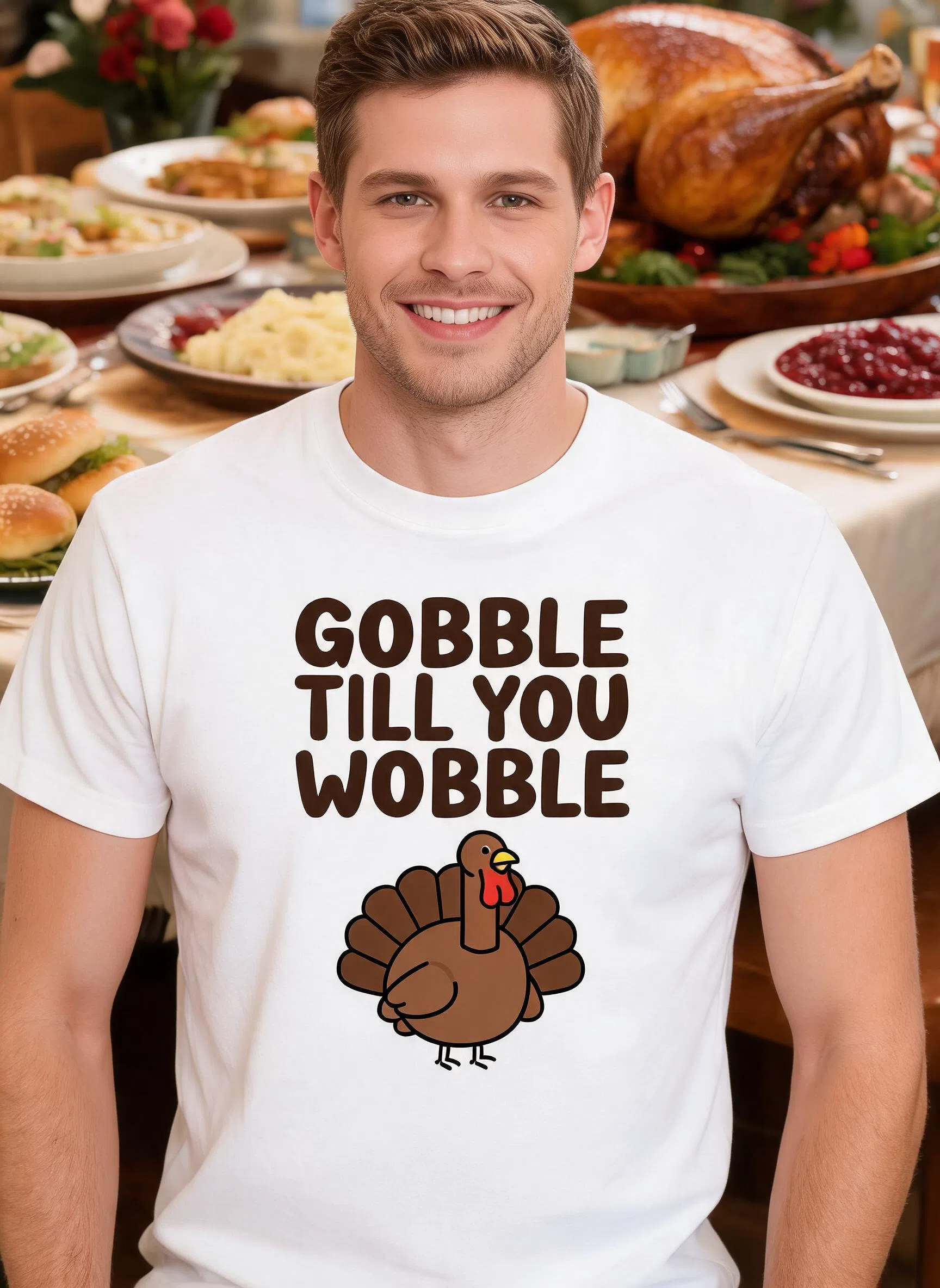 Gobble Till You Wobble Funny Thanksgiving Shirt - Custom Text Turkey Gift — White