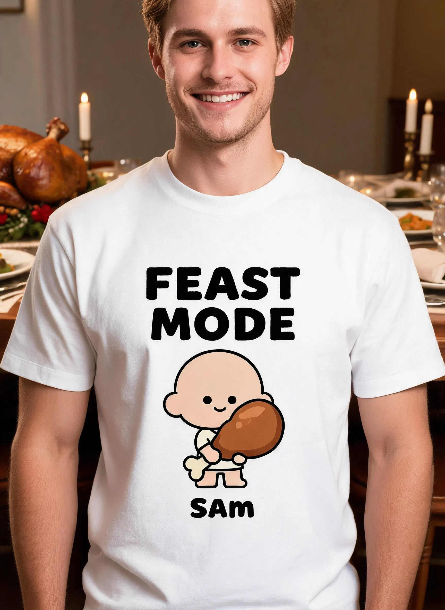 Feast Mode Personalized Thanksgiving Cartoon Shirt - Custom Name Funny Gift — White