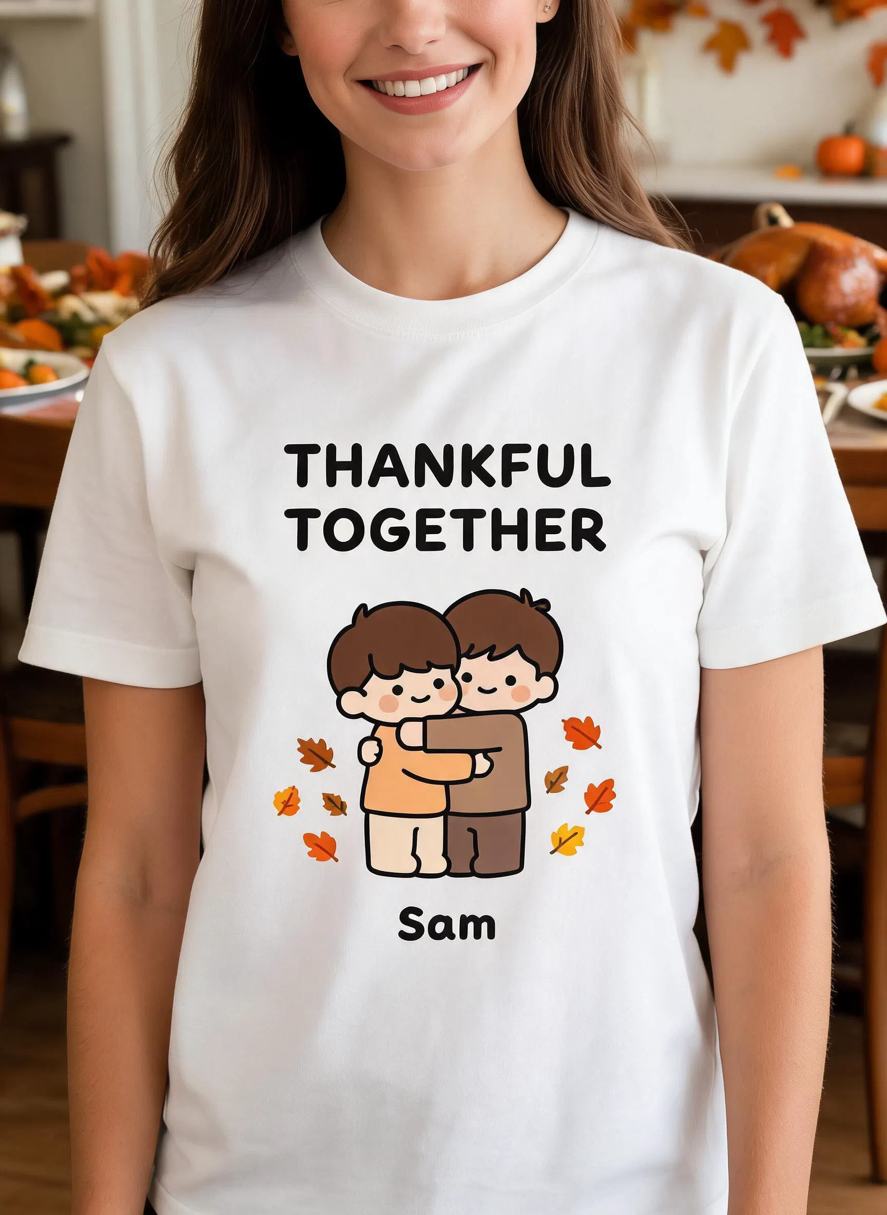 Thankful Together Personalized Thanksgiving Cartoon Shirt - Custom Name Family Gift — White