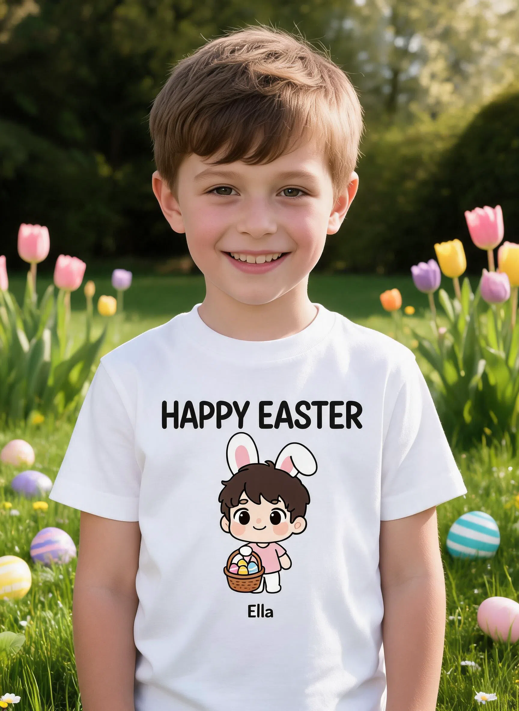 Happy Easter Personalized Cartoon Shirt - Custom Name Bunny Kid Gift — White