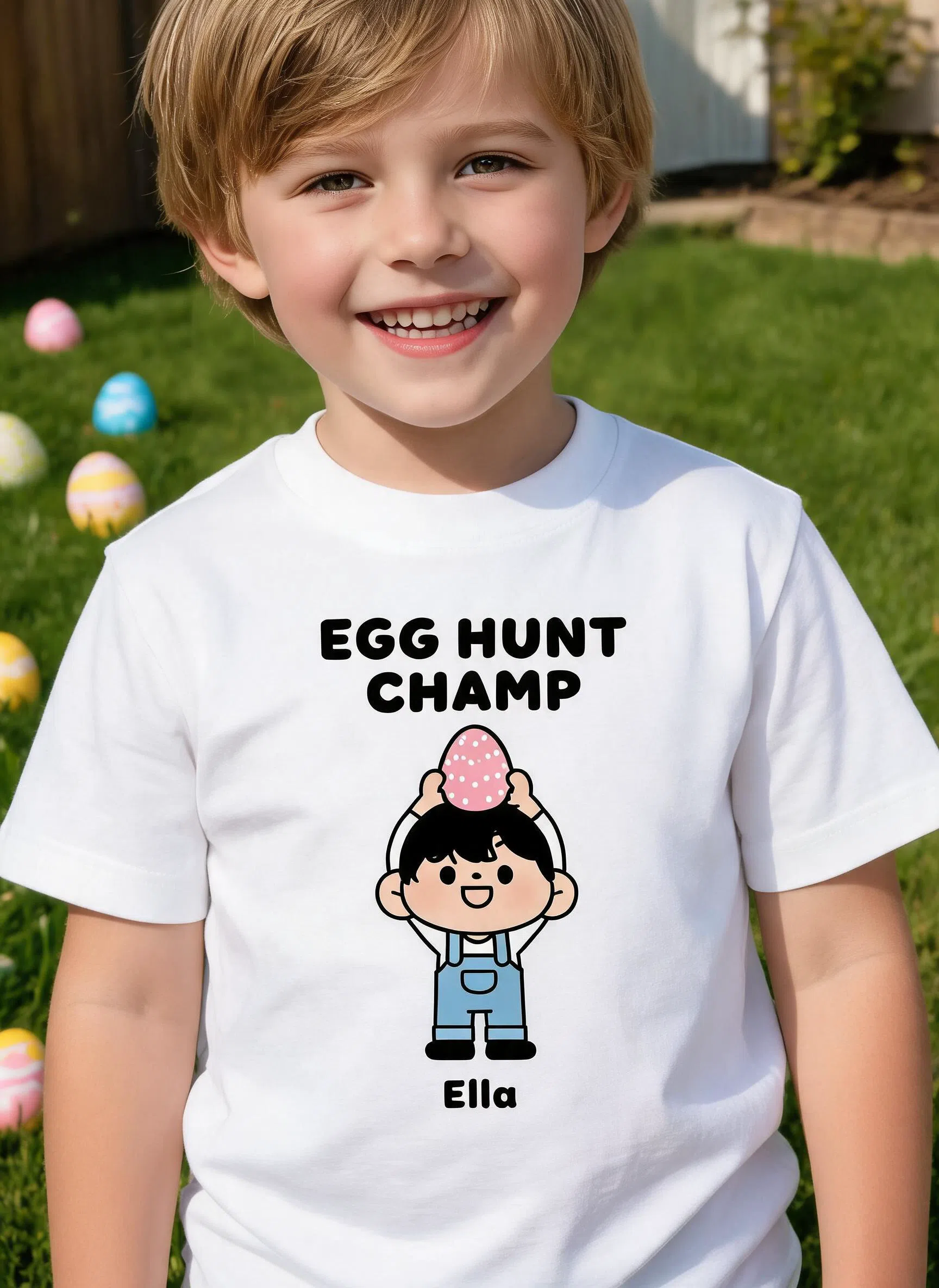 Egg Hunt Champ Personalized Easter Cartoon Shirt - Custom Name Kid Gift — White